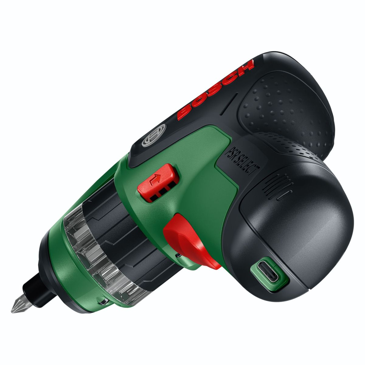 Grüner und schwarzer Bosch Akku-Schrauber mit rotem Schalter und USB-C-Anschluss.