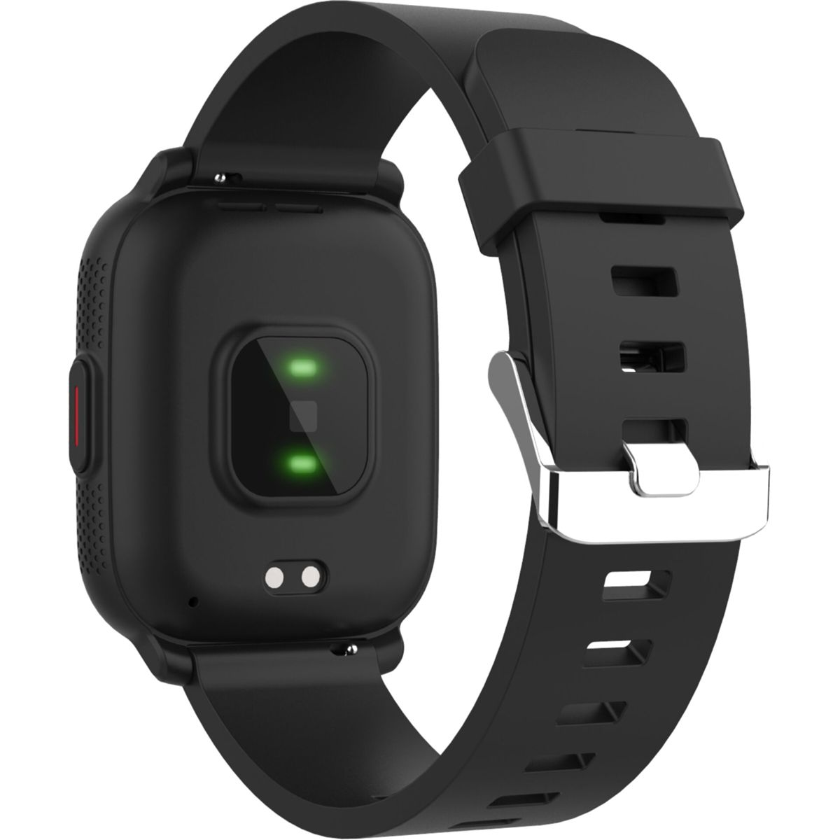 Montre connectée noire avec bracelet en silicone et capteur.