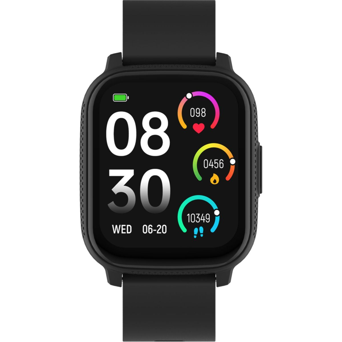 Montre connectée noire affiche 08:30, fréquence cardiaque 098, activité 0456, pas 10349.