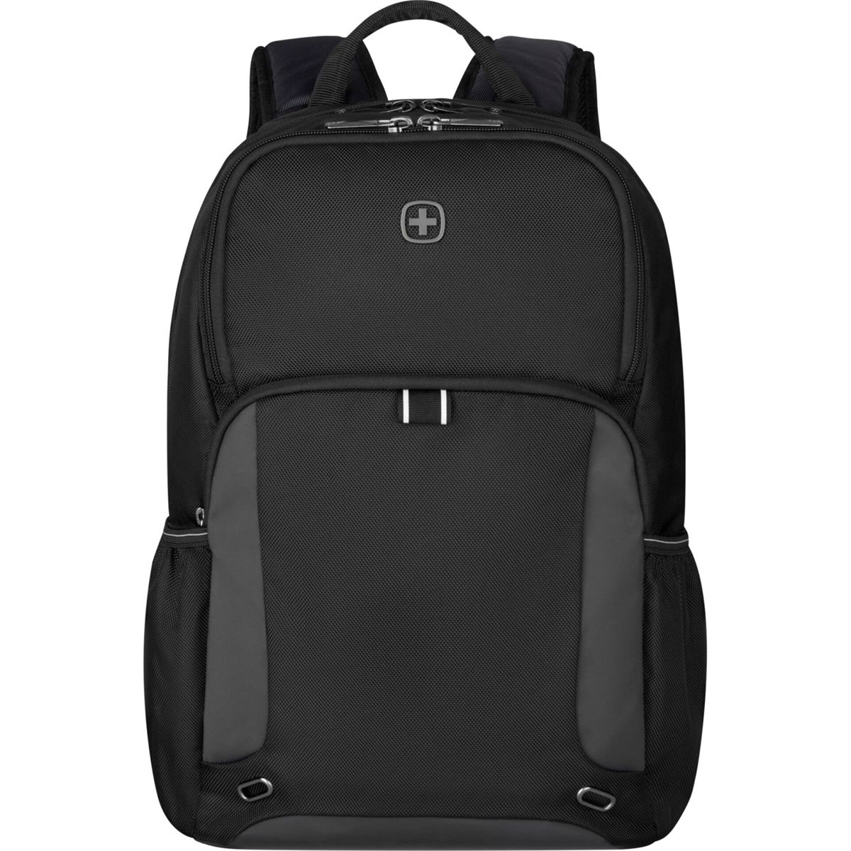 Ein schwarzer Rucksack mit grauem Einsatz und dem Schweizer Kreuz-Logo.