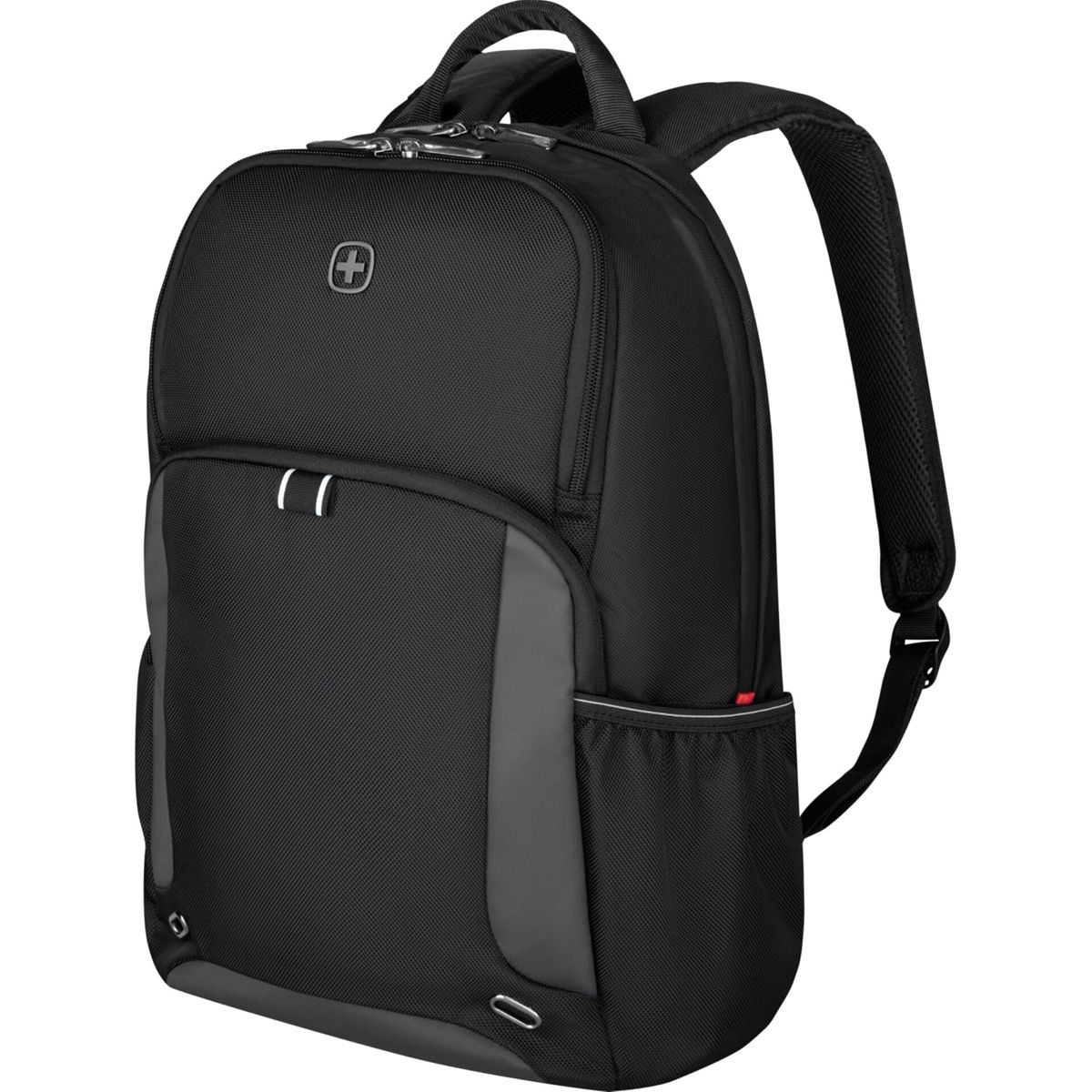 Ein schwarzer Rucksack mit einem silbernen Emblem und grauen Akzenten.