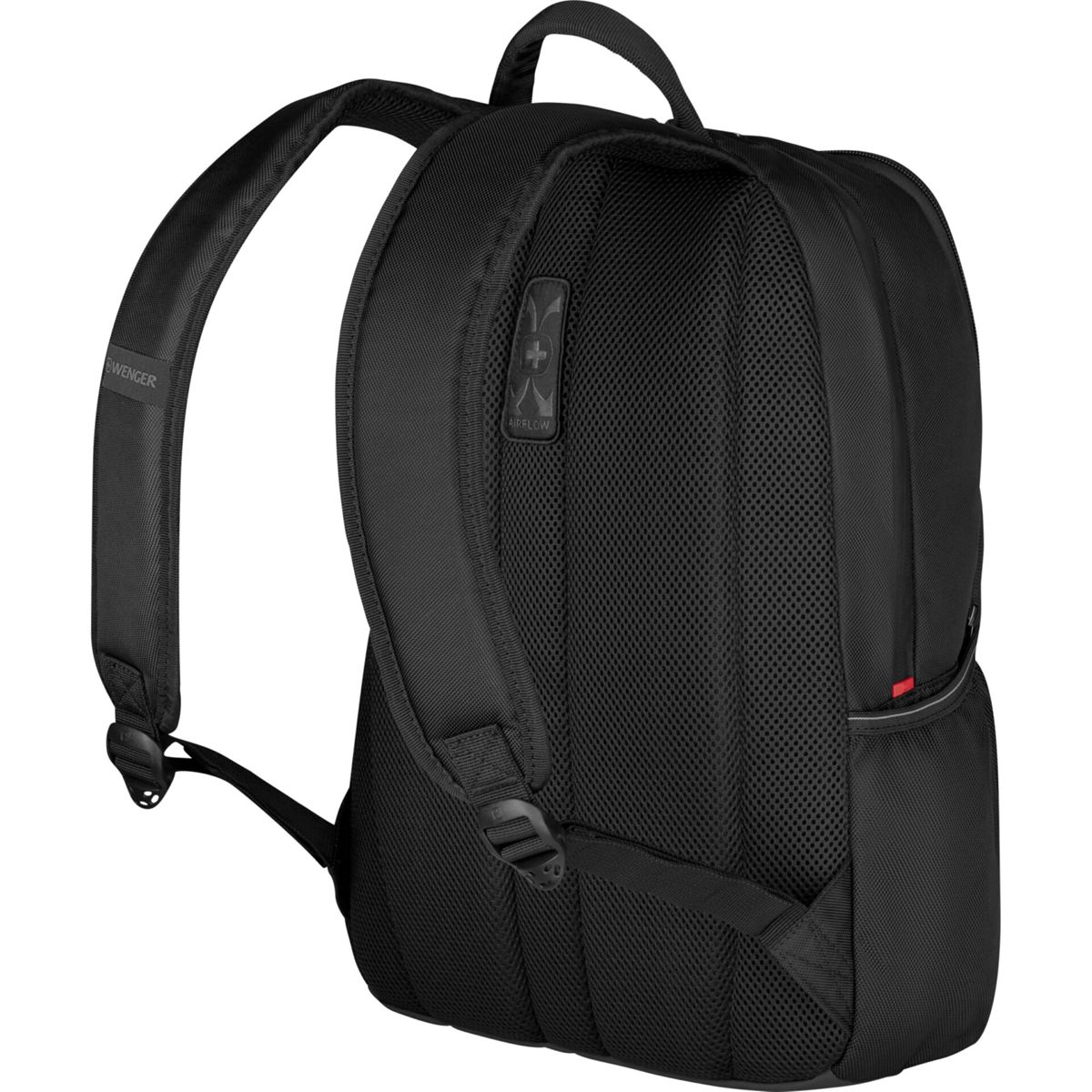 Schwarzer Rucksack mit gepolsterten Gurten und Belüftungssystem.