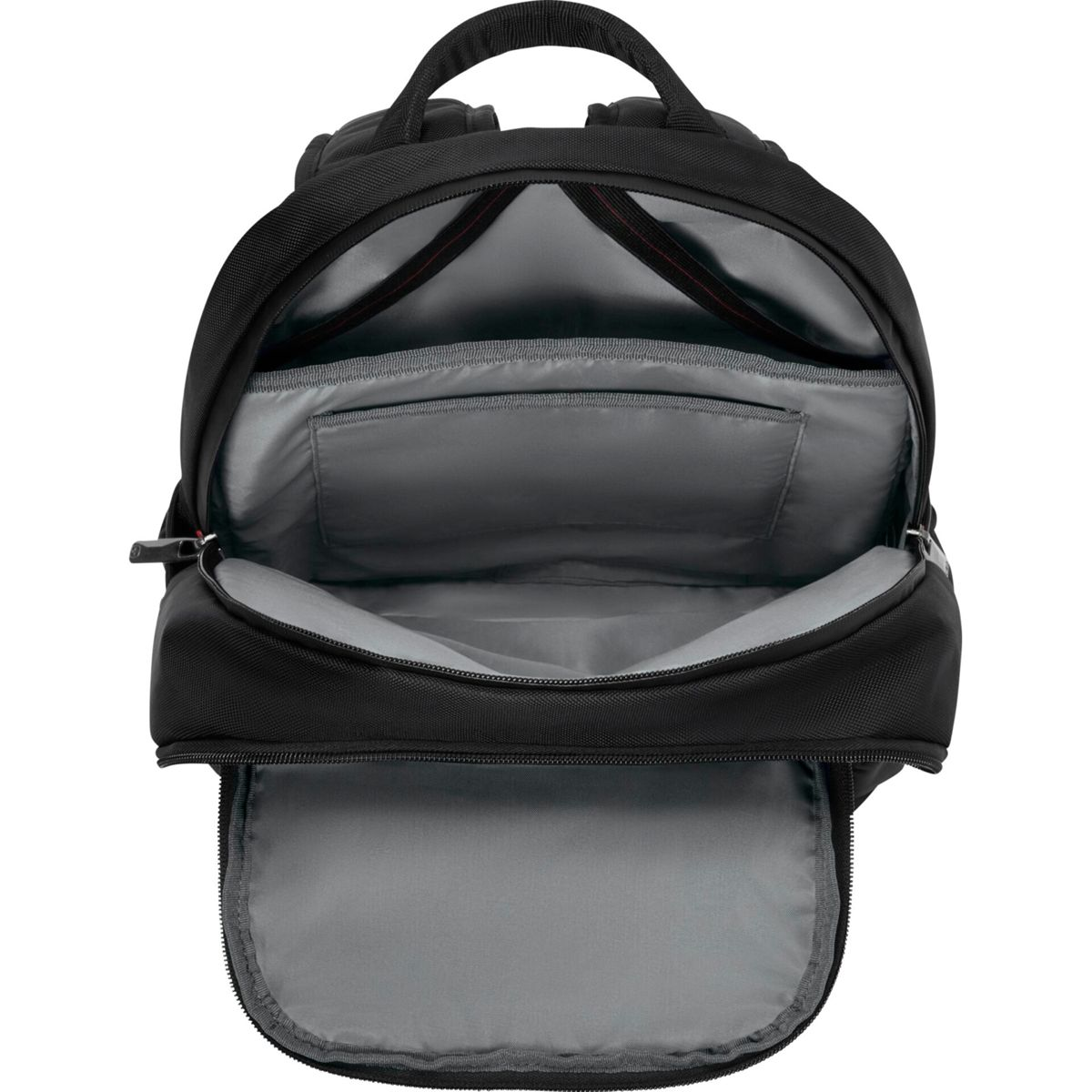 Ein schwarzer Rucksack mit offenem Hauptfach und einem vorderen Fach.