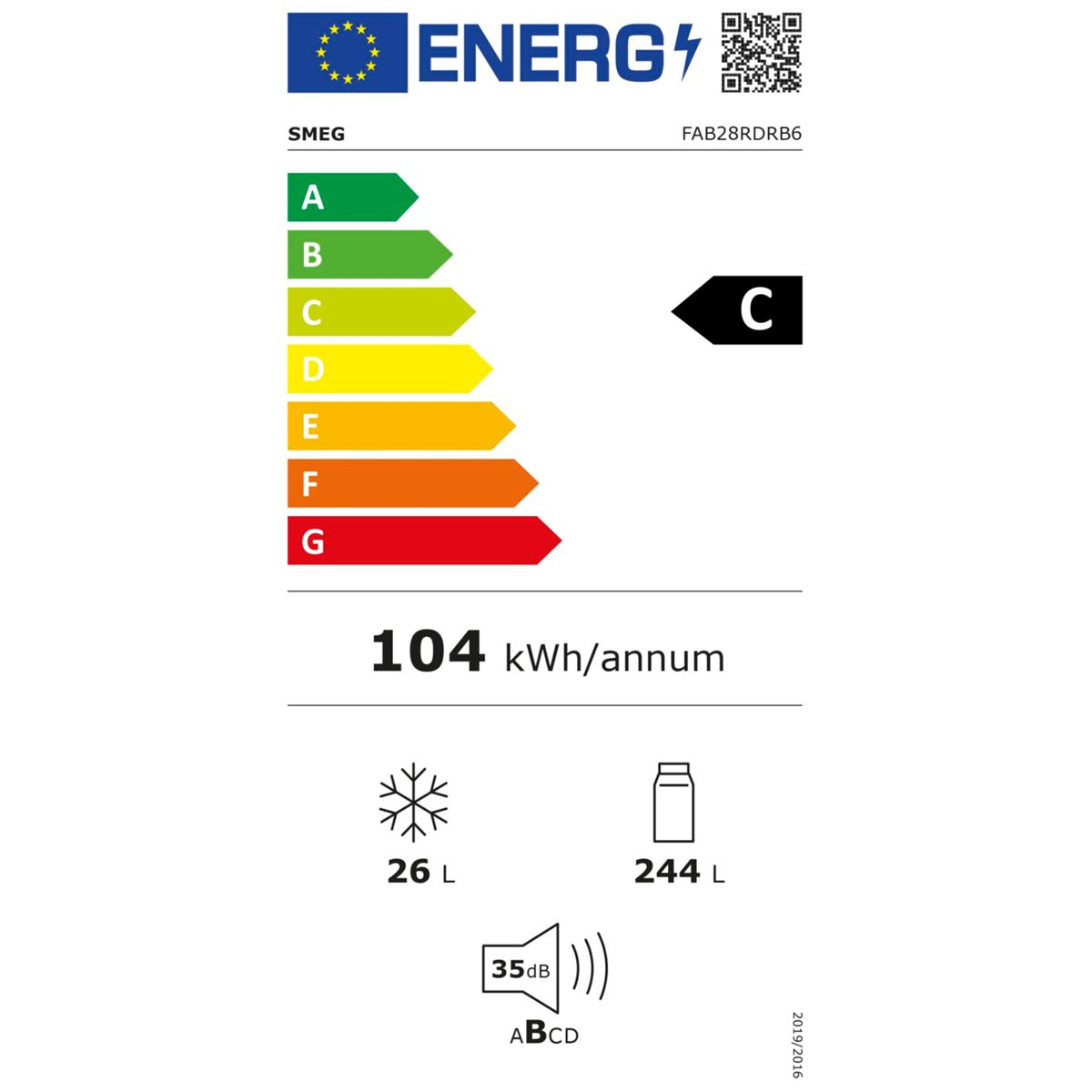 Etichetta energetica SMEG FAB28RDRB6. Classe C. 104 kWh/anno. Congelatore 26L, Frigorifero 244L. Rumore 35dB.