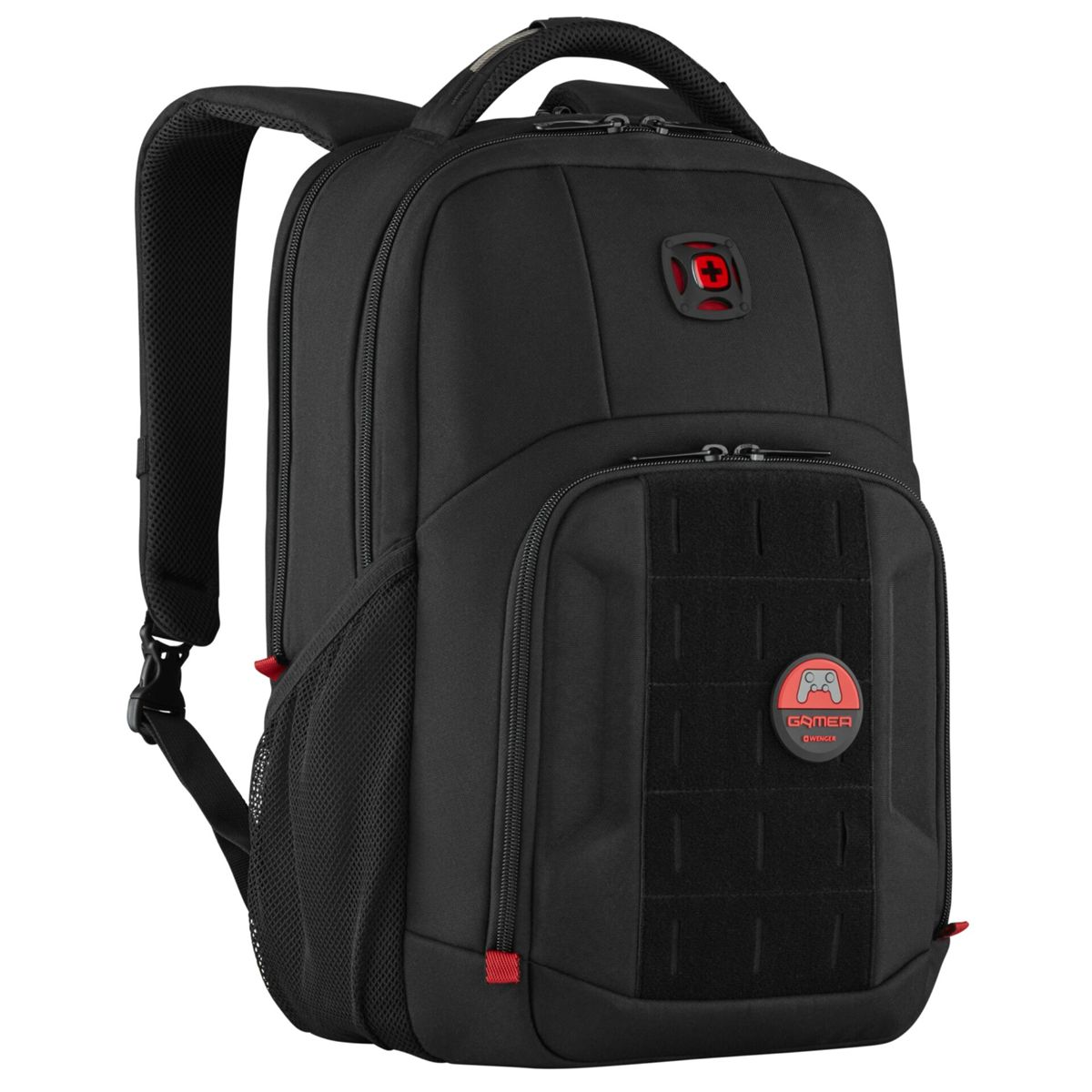 Zaino nero con accenti rossi e un logo gamer.