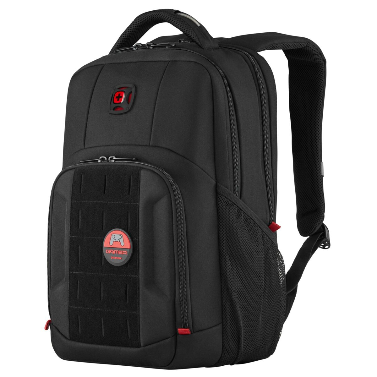 Zaino nero con logo gamer rosso e tasca laterale in rete.