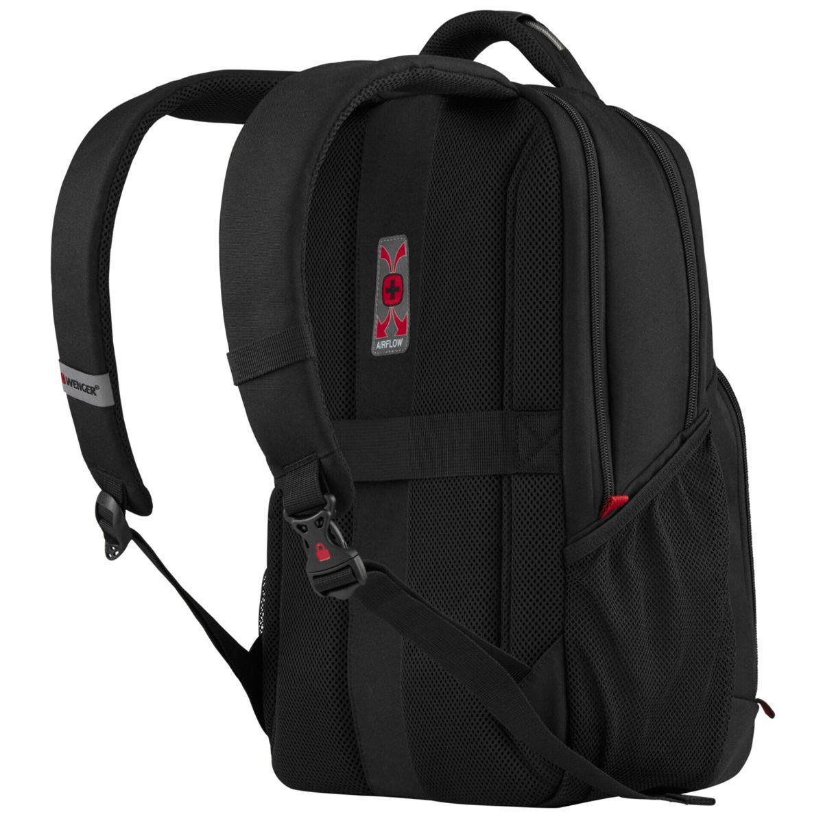 Zaino nero Wenger con sistema di ventilazione e tasche in rete. Vista laterale.
