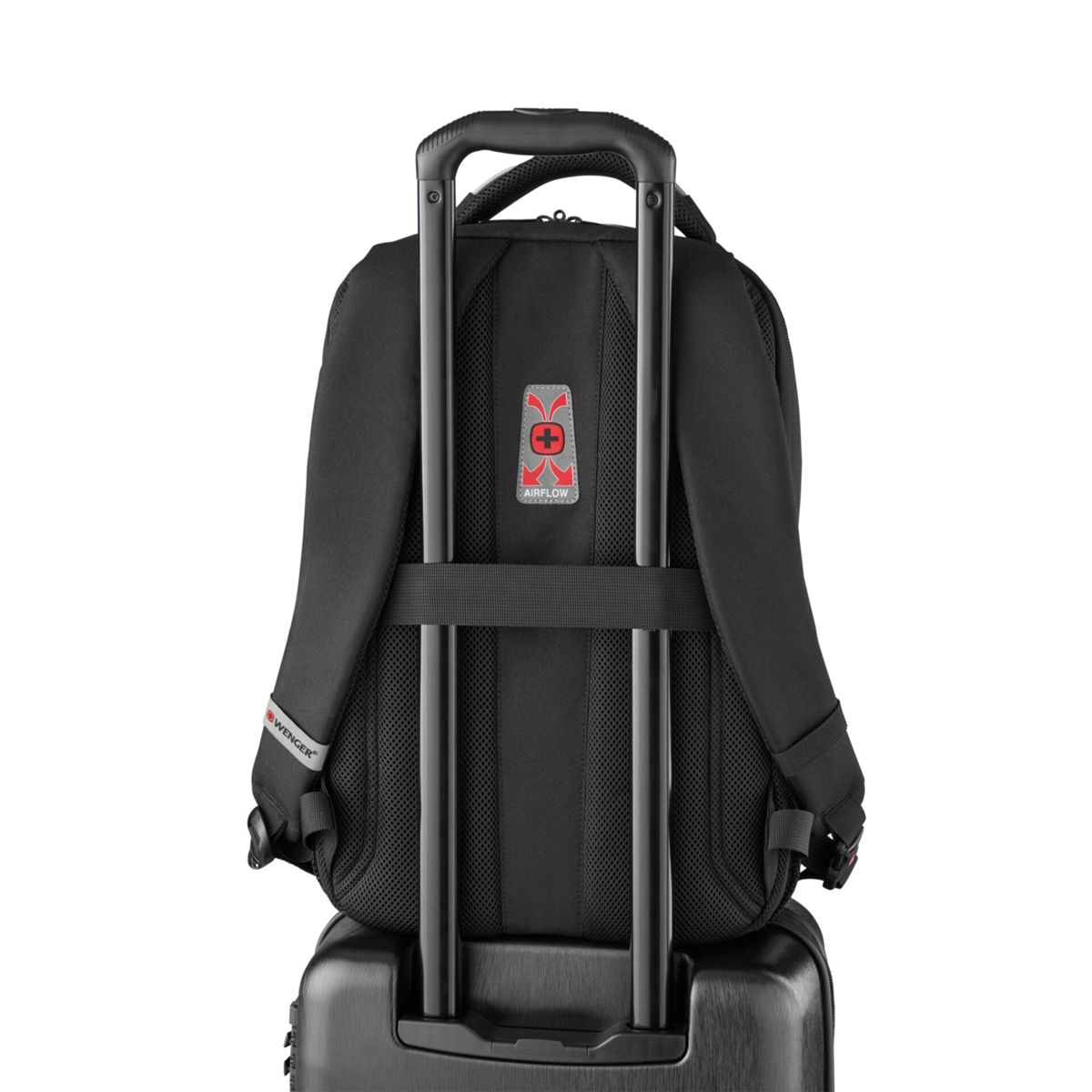 Zaino nero con logo "Airflow" su un trolley.