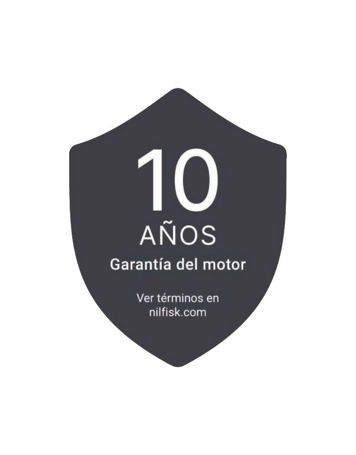 10 años de garantía del motor en un escudo oscuro con información web.