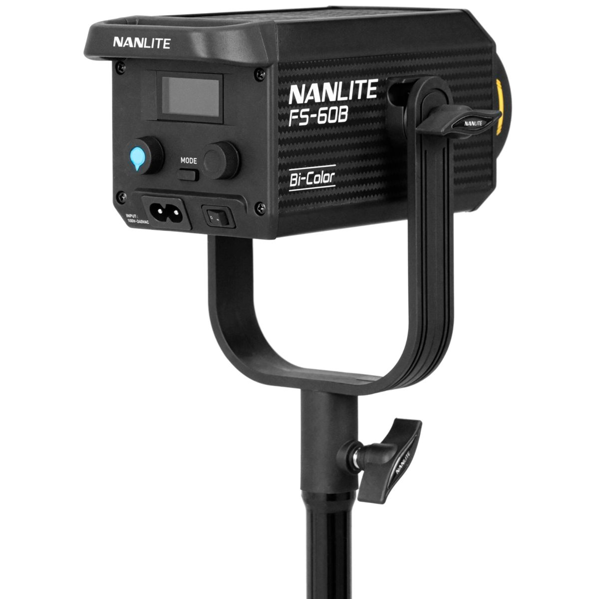 Ein schwarzes Nanlite FS-60B Bi-Color LED-Licht mit Halterung und Ständer.