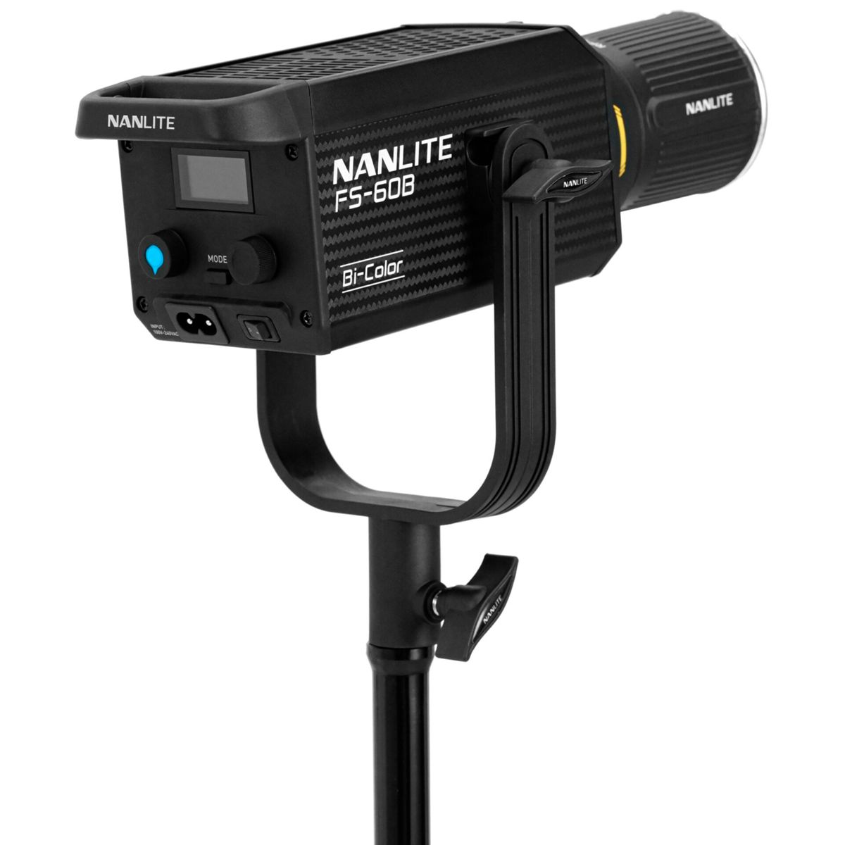 Schwarze Nanlite FS-60B Bi-Color LED-Leuchte auf einem Stativ.