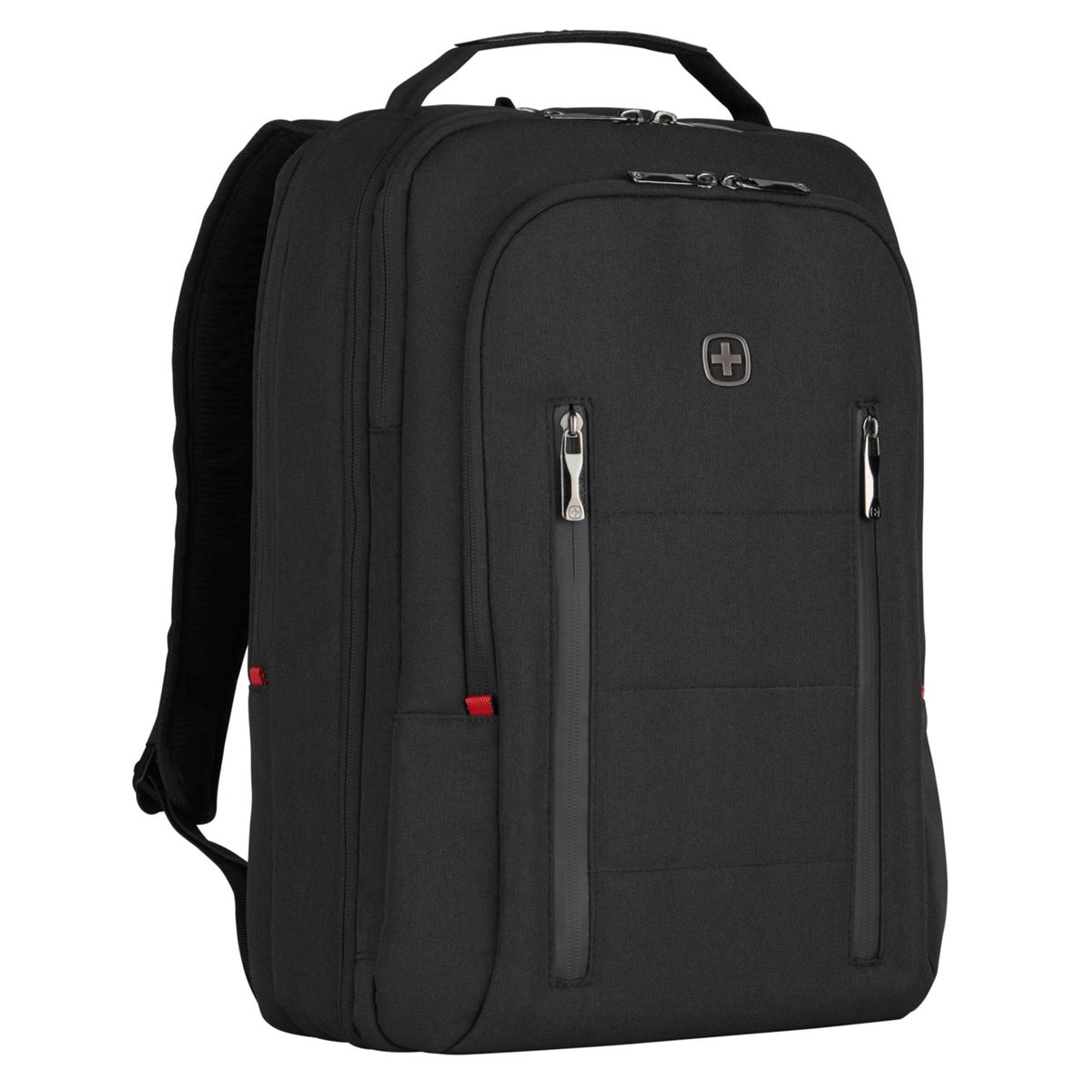 Ein schwarzer Rucksack mit silbernen Reißverschlüssen und einem roten Akzent.