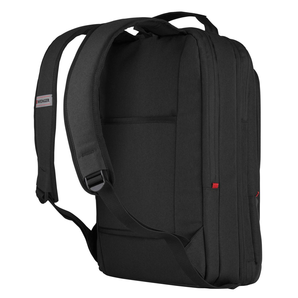 Schwarzer Rucksack von Wenger mit gepolsterten Trägern und roten Akzenten.