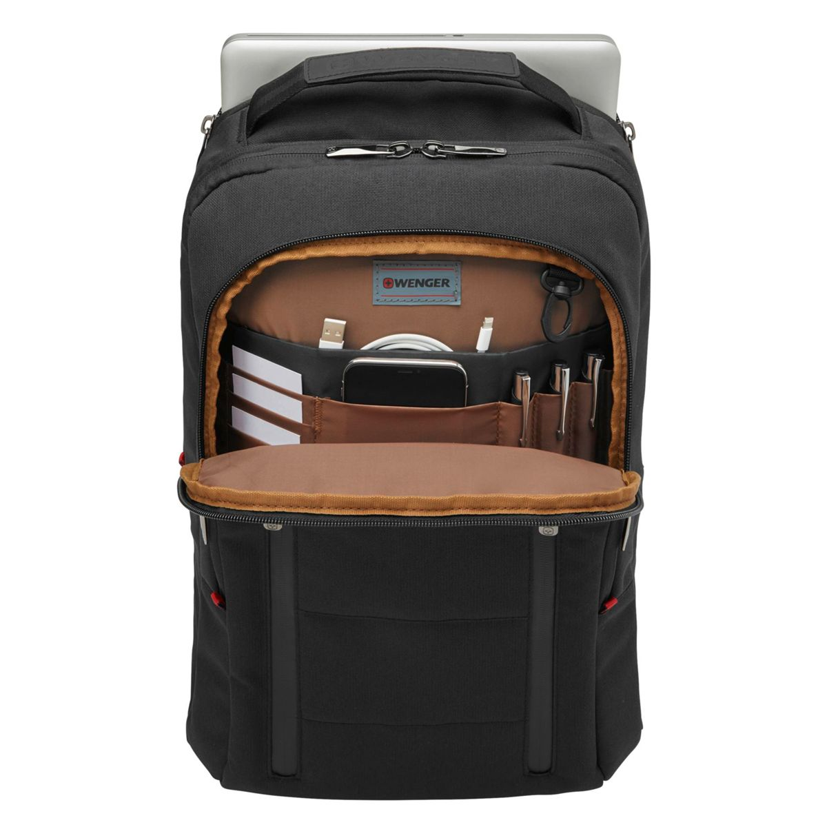 Schwarzer Rucksack mit offenem Hauptfach, Laptopfach und Organizer-Fächern.