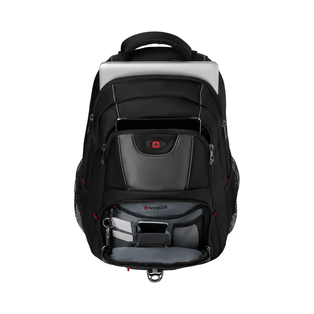 Zaino nero con laptop, tablet e tasche organizer.