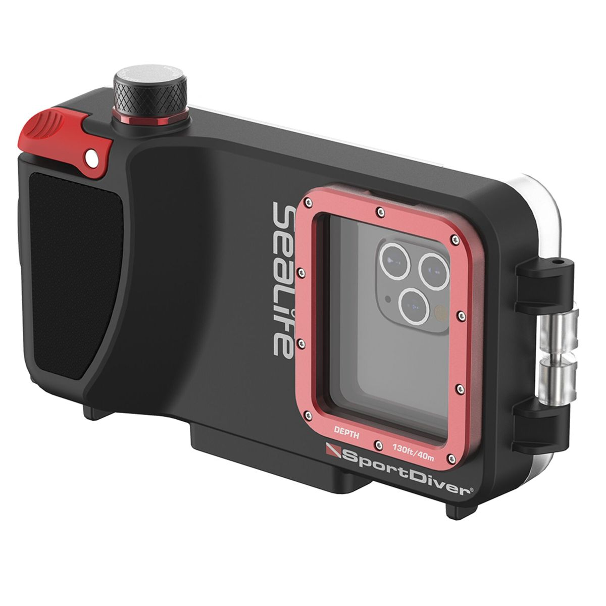 Schwarzes SeaLife SportDiver Handygehäuse mit roten Akzenten und einem Sichtfenster für Handy-Kameras.
