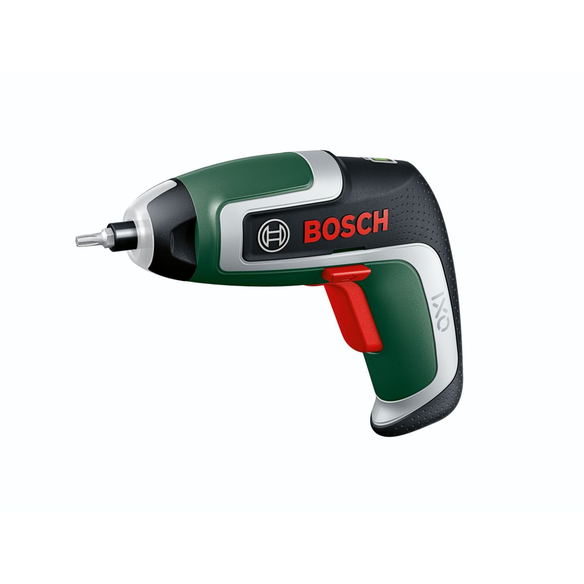 Ein grüner Bosch IXO Akku-Schrauber mit rotem Griff und silbernen Akzenten.