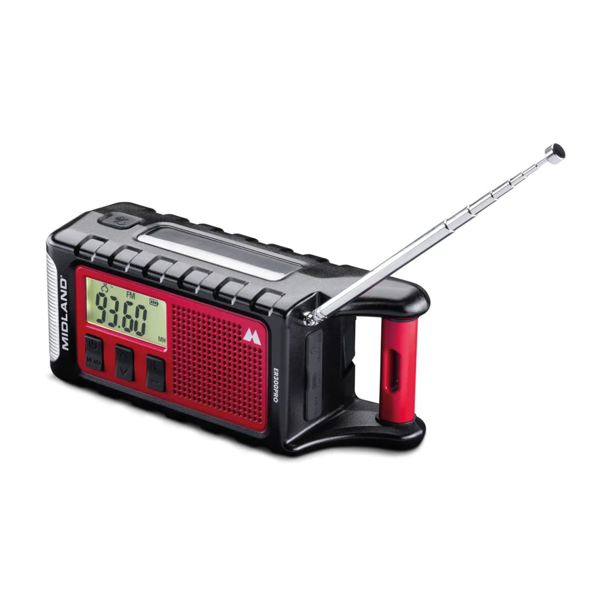 Ein schwarzes Midland ER300PRO Radio mit rotem Lautsprechergitter und ausgefahrener Antenne.