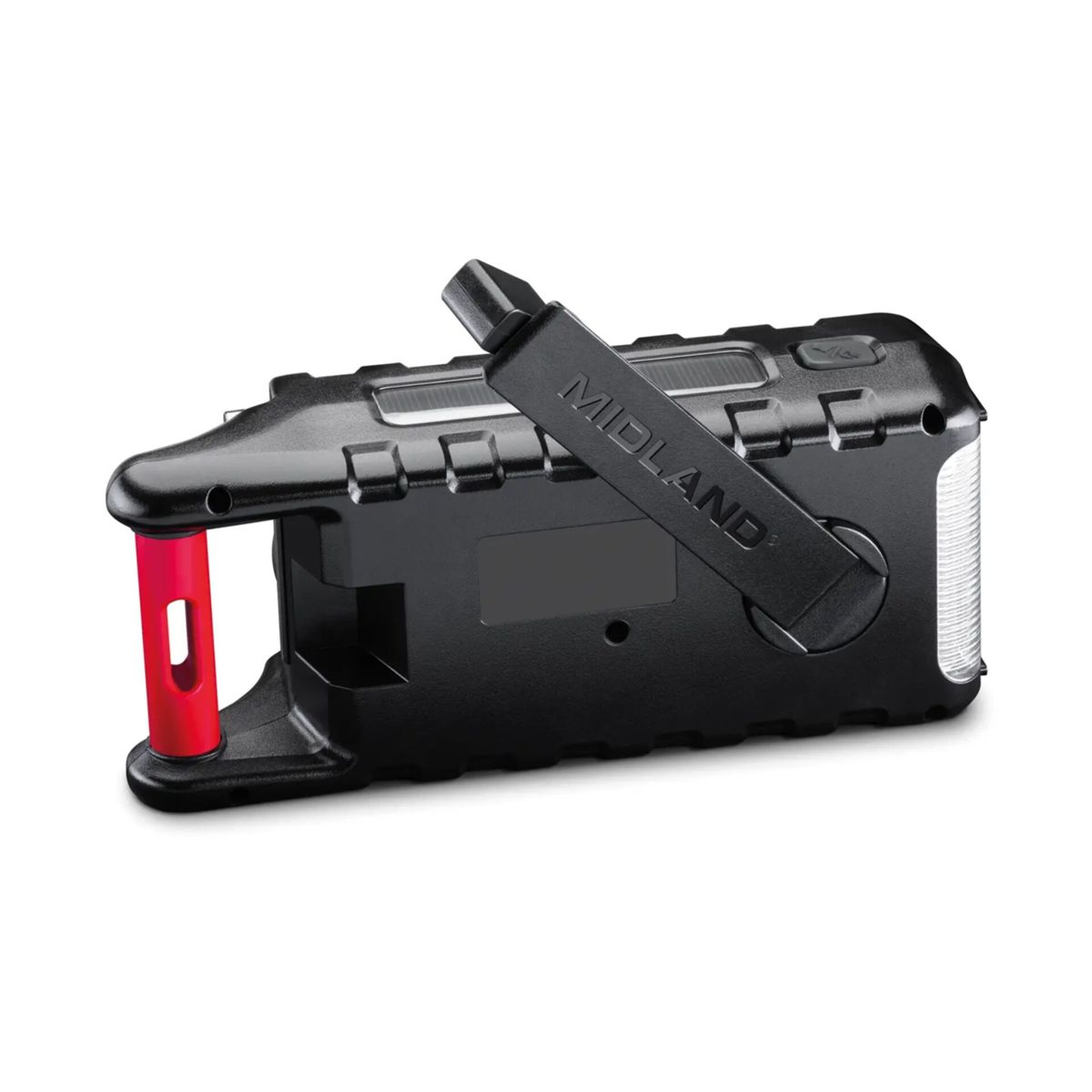 Schwarzes Midland Kurbelradio mit rotem Griff und Solarpanel.