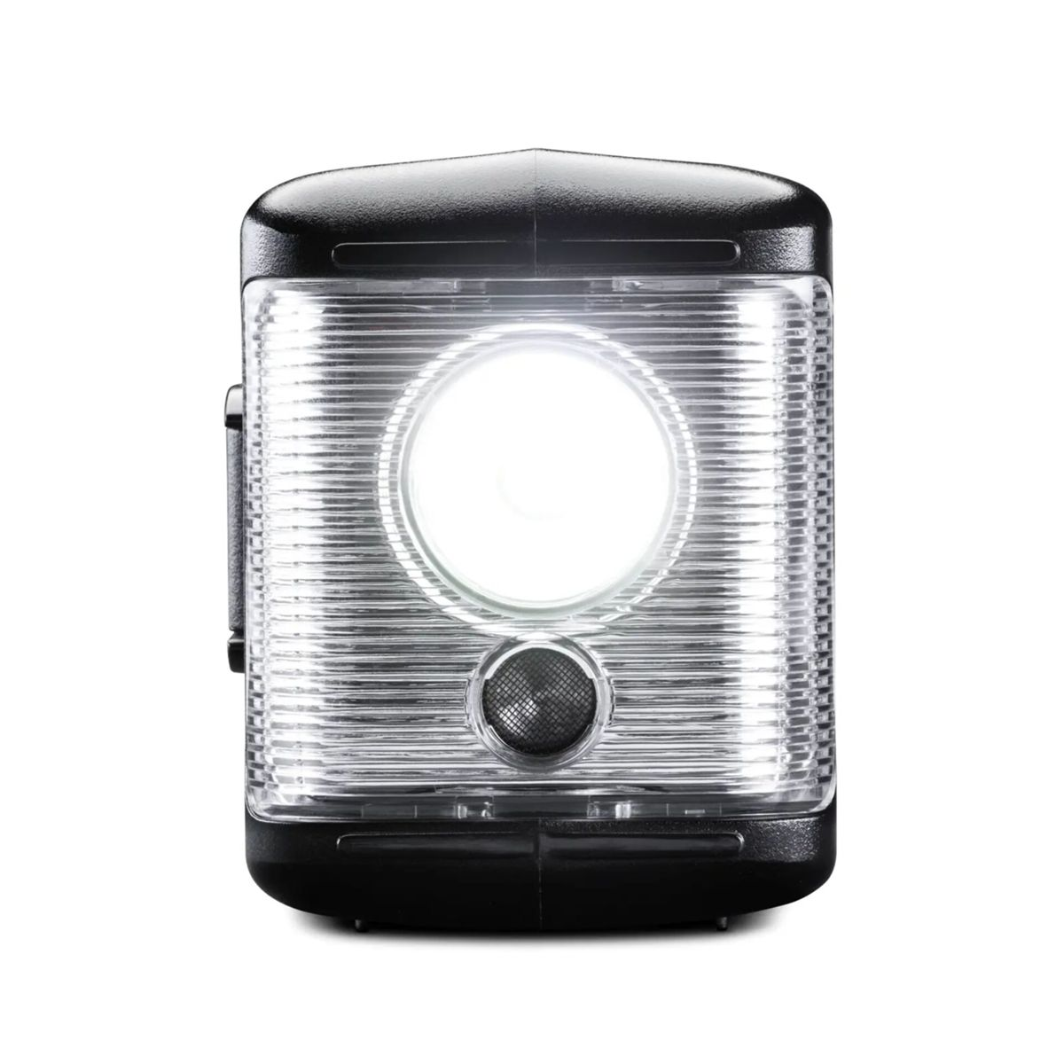 Schwarze Taschenlampe mit hellem Licht und gerippter Linse.