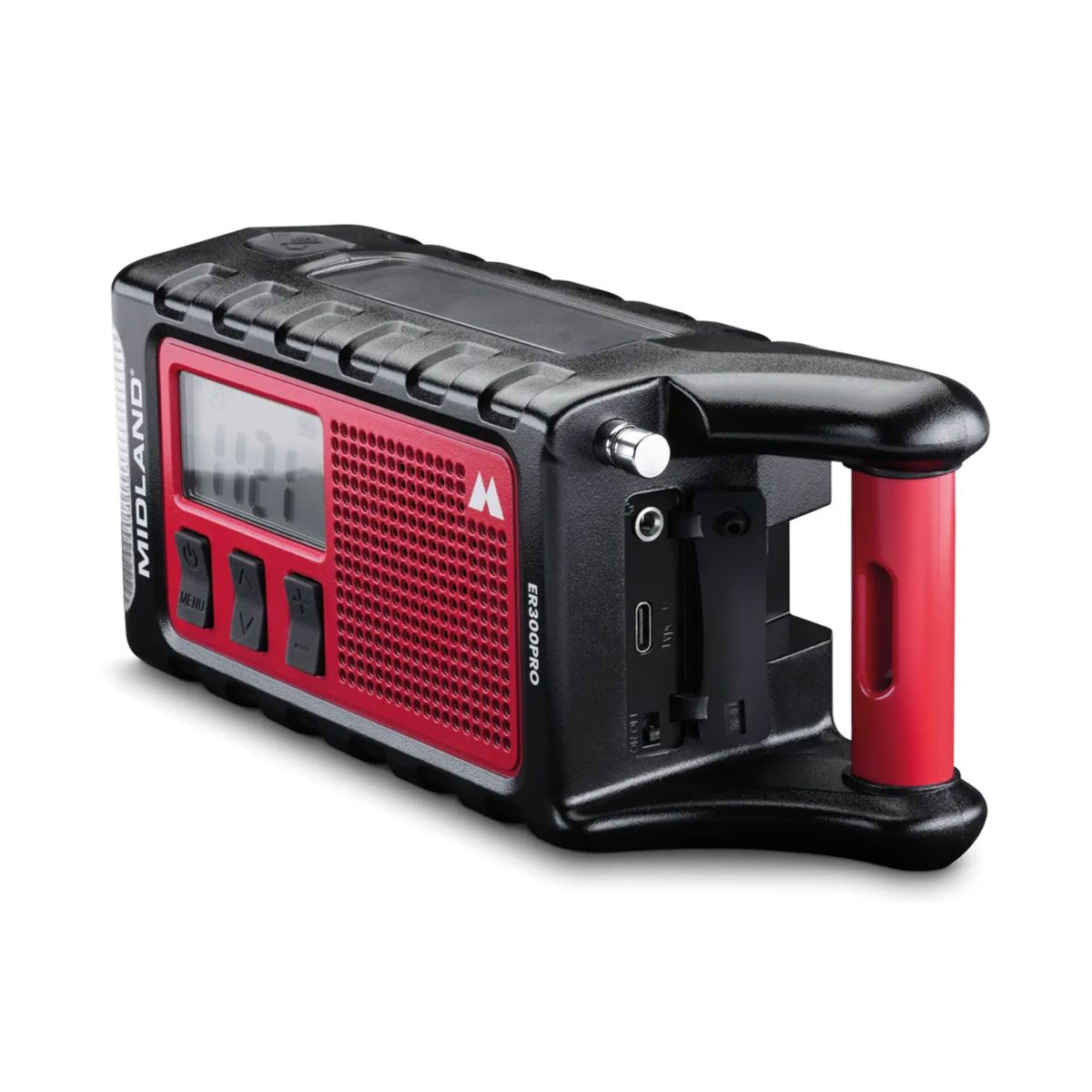 Ein schwarzer und roter Midland ER300PRO Notfallradio mit Antenne und Griff.