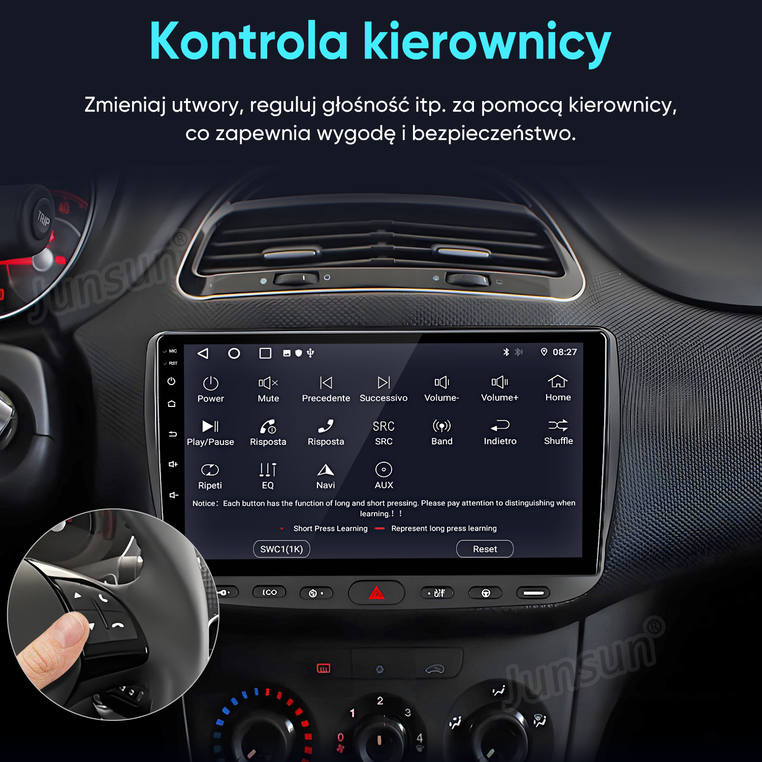 System infotainment samochodu z wyświetlanymi przyciskami na kierownicy.