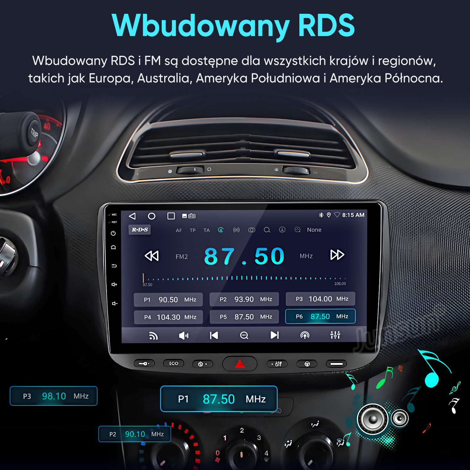 Ekran radia samochodowego wyświetla informacje o stacjach RDS i FM z częstotliwościami.