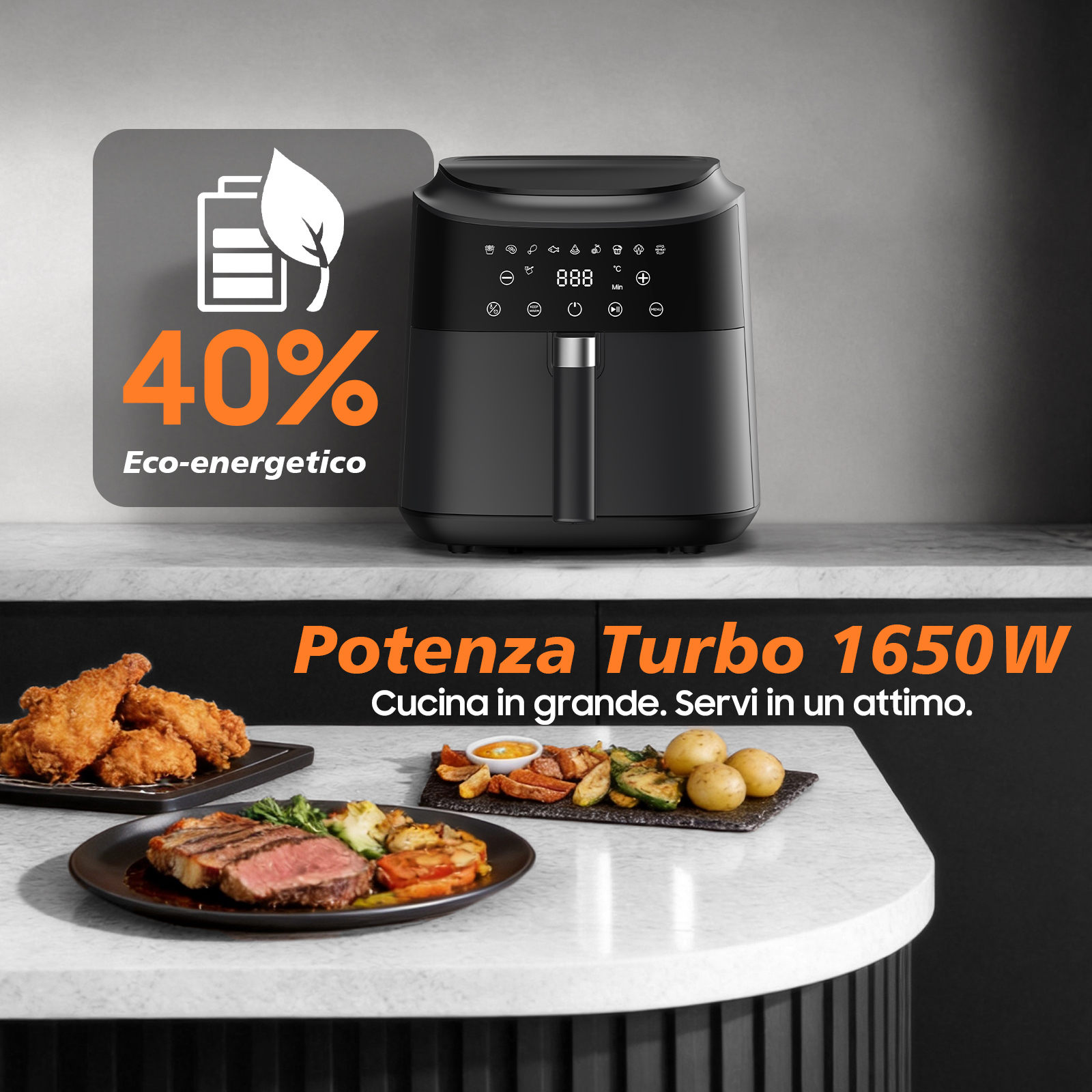 Una friggitrice ad aria nera con cibo accanto. Simbolo eco-energetico.