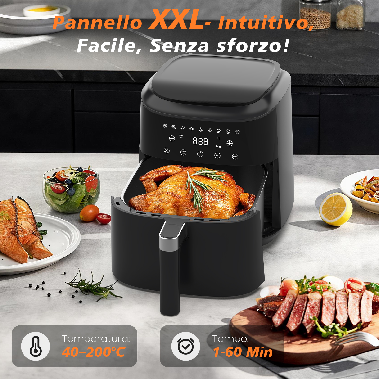 Una friggitrice ad aria nera con pollo arrosto, salmone e insalata.