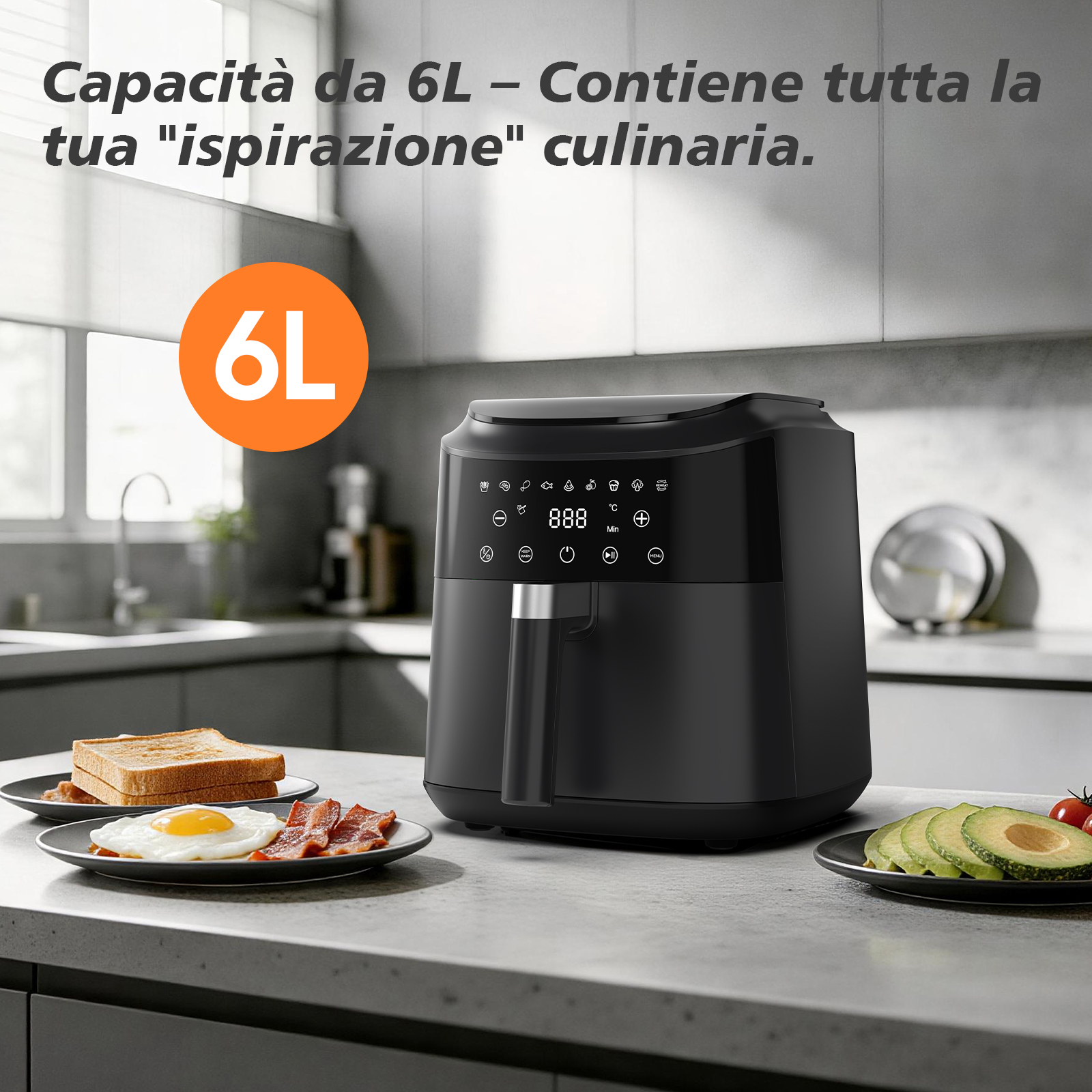 Friggitrice ad aria nera su bancone cucina con colazione e avocado.