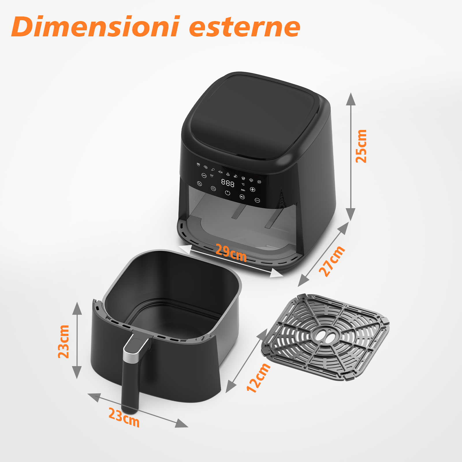 Friggitrice ad aria nera con cestello e griglia estraibili. Dimensioni indicate.