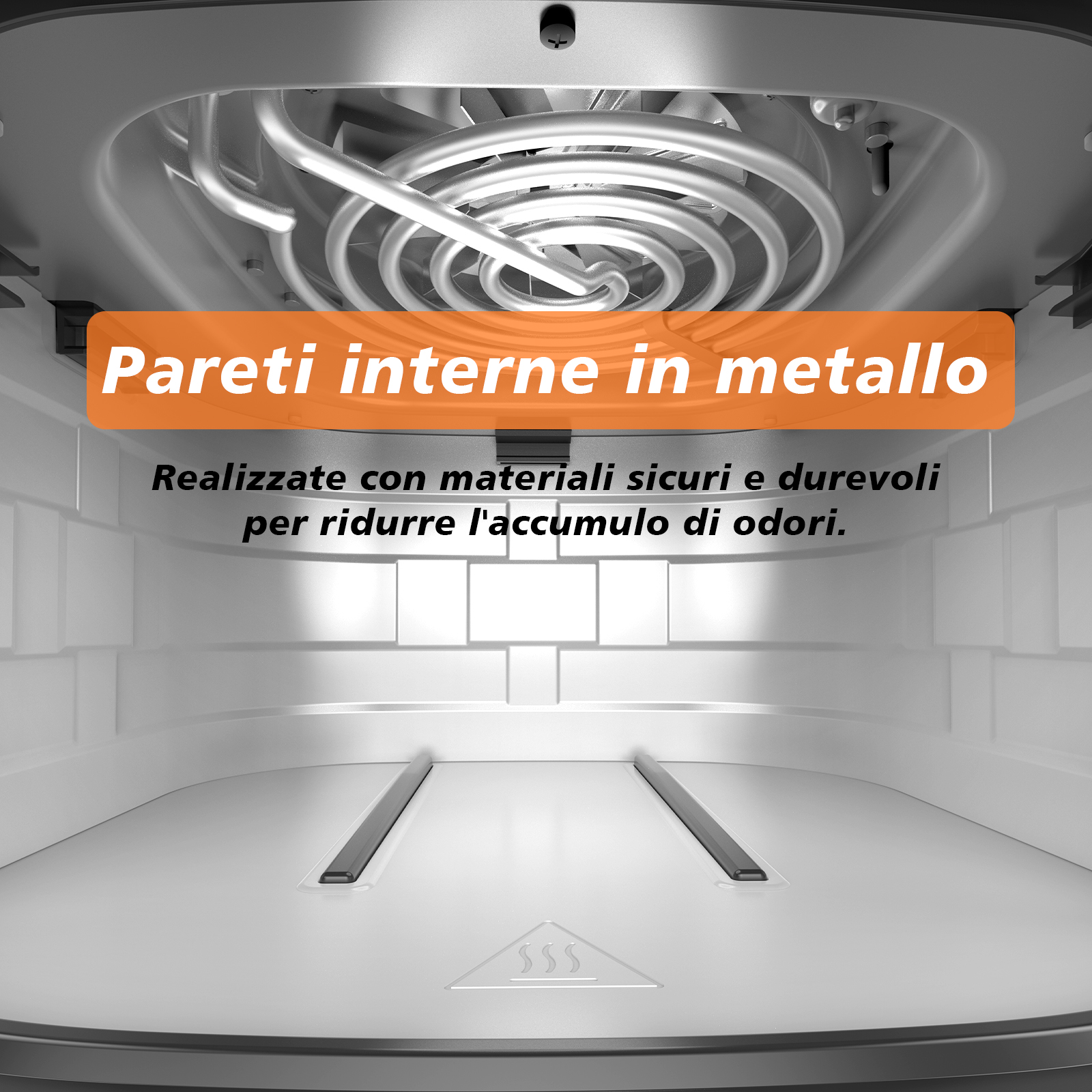 Pareti interne in metallo con serpentina di riscaldamento e ventola.