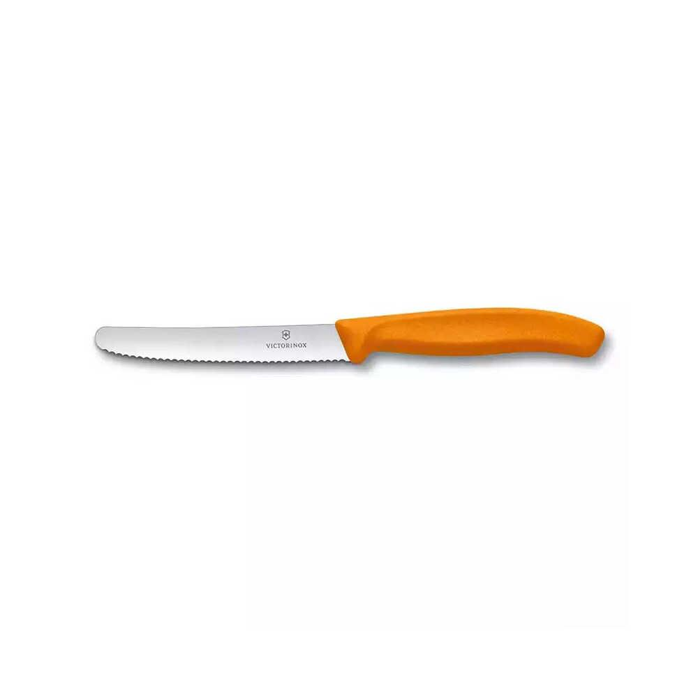 Dişli bıçaklı ve turuncu saplı bir Victorinox bıçağı.