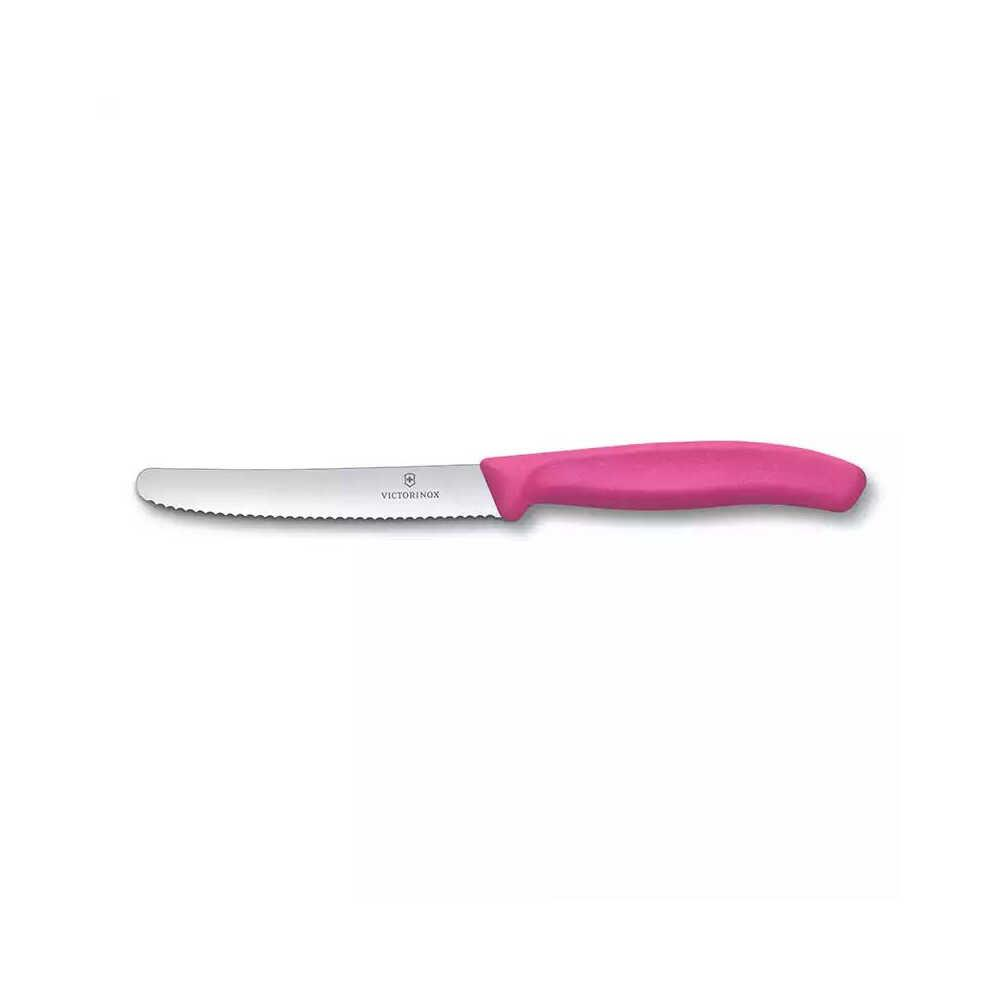 Parlak pembe saplı keskin, tırtıklı bir bıçak.