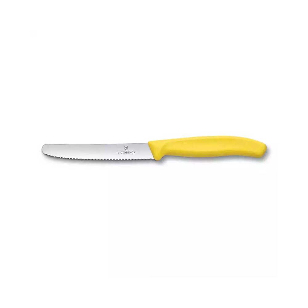 Beyaz arka planda sarı Victorinox tırtıklı bıçak.