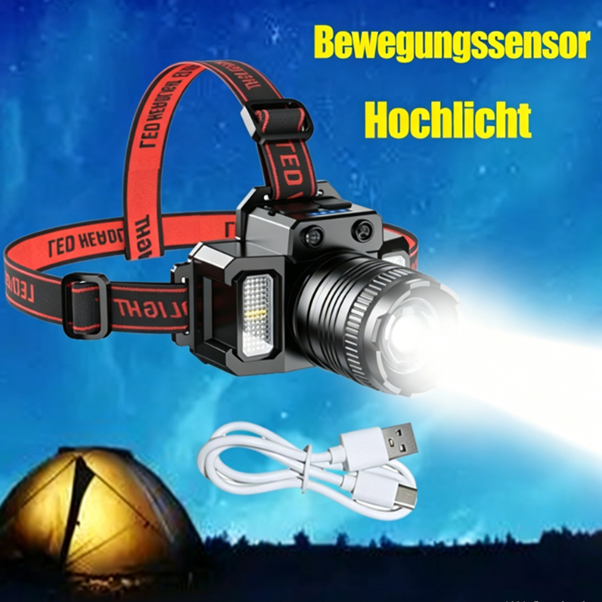 Stirnlampe mit rotem Band, ein Kabel liegt daneben, Zelt im Hintergrund.