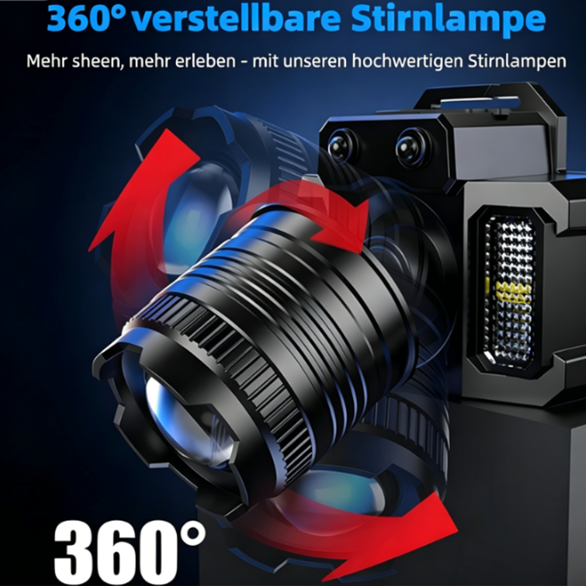 Schwarze Stirnlampe mit 360° verstellbarem Kopf, rote Pfeile zeigen Rotation.