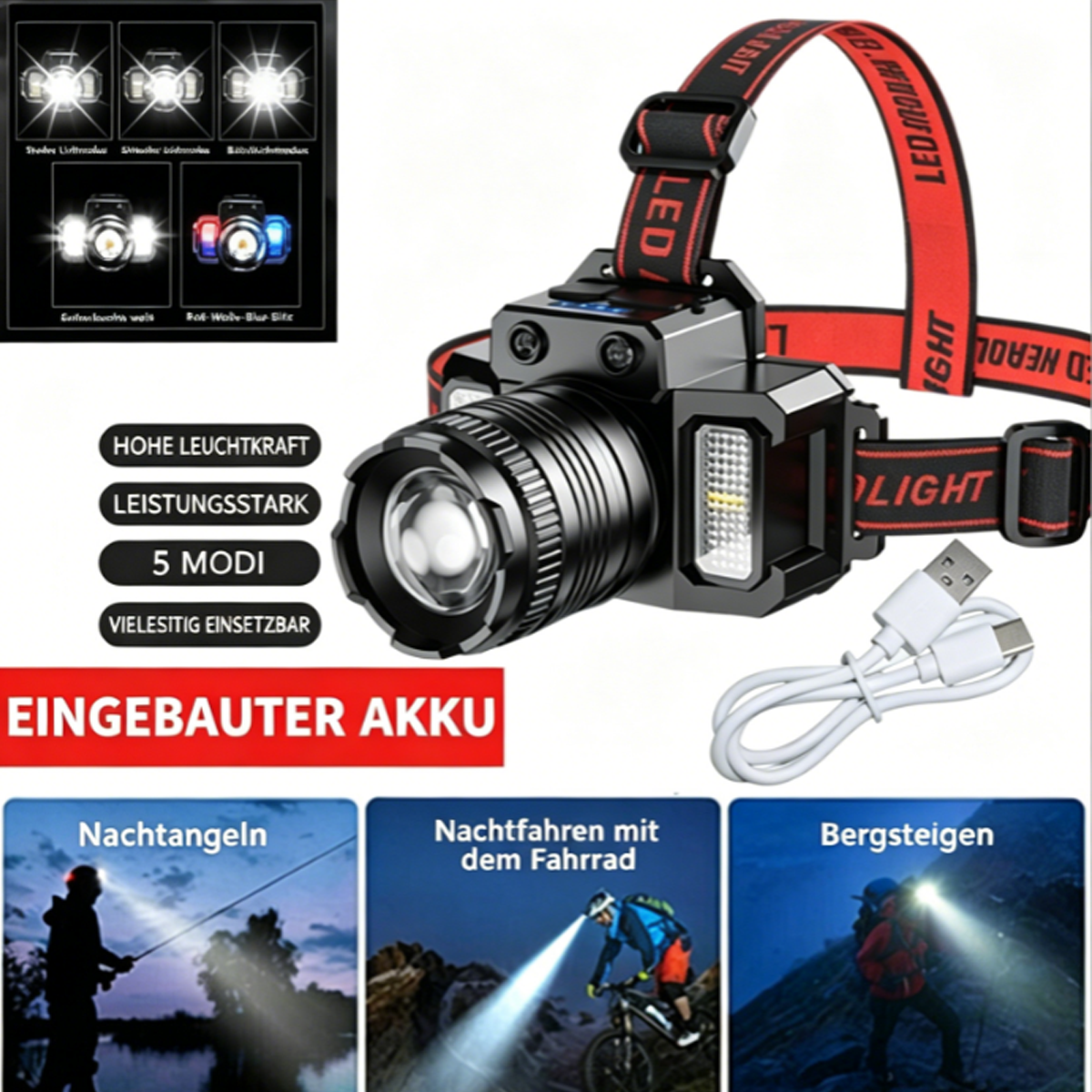 Stirnlampe mit Akku, Ladekabel, und Anwendungsbeispielen: Angeln, Radfahren, Bergsteigen.