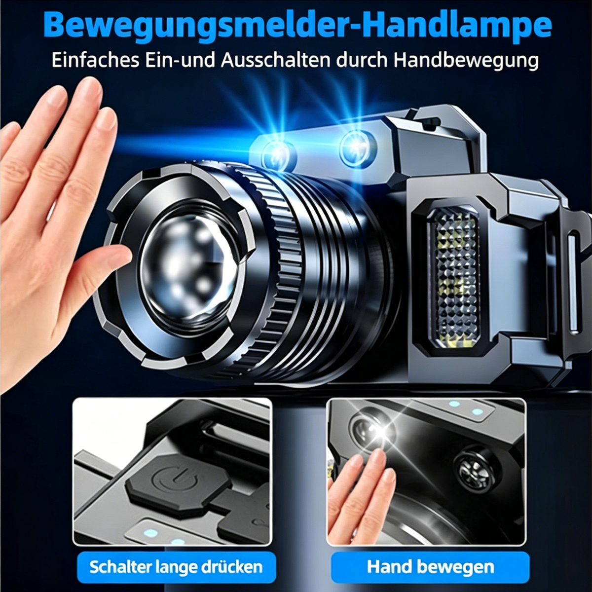 Eine Hand nähert sich einer Stirnlampe; unten Schalter und Handbewegung.