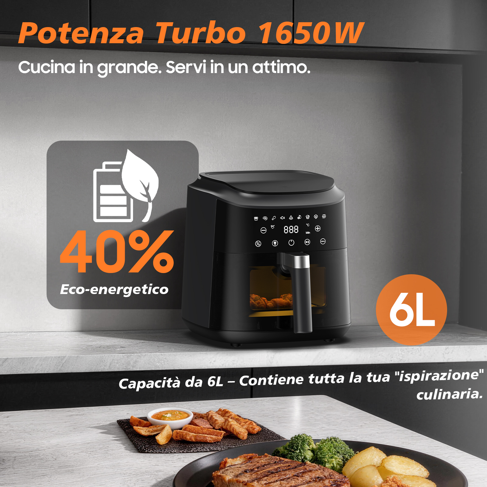 Friteuse à air noire 6L, 1650W, économie d'énergie 40%.