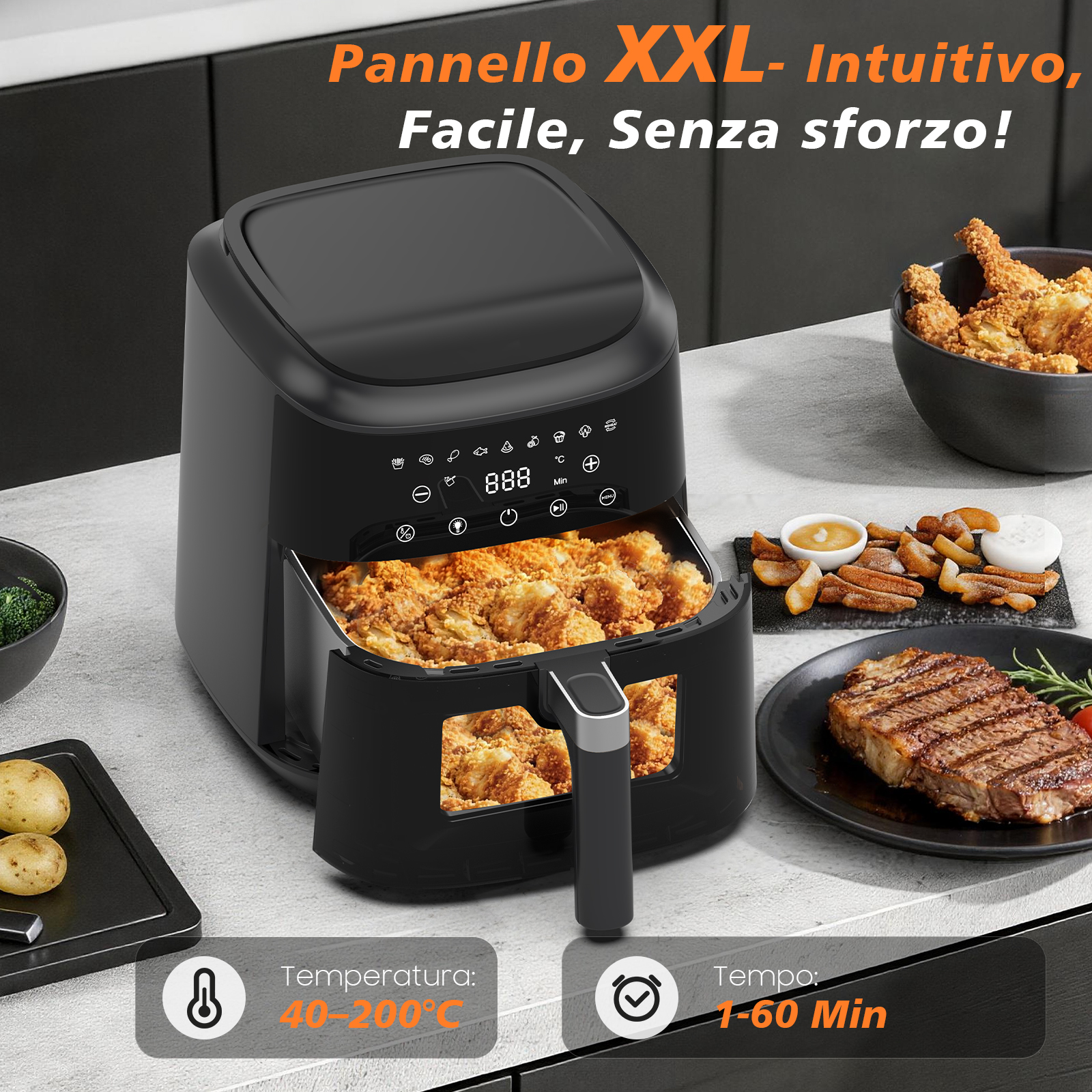 Friggitrice ad aria nera con pollo fritto, bistecca, patatine e broccoli.