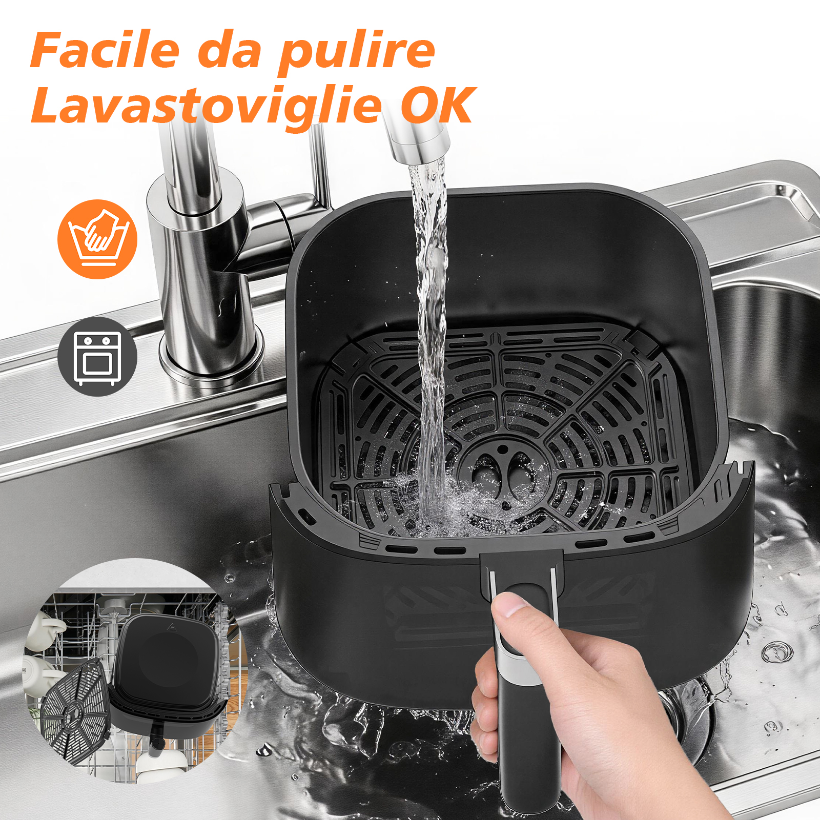 Una friggitrice ad aria nera viene lavata in un lavandino con acqua corrente.