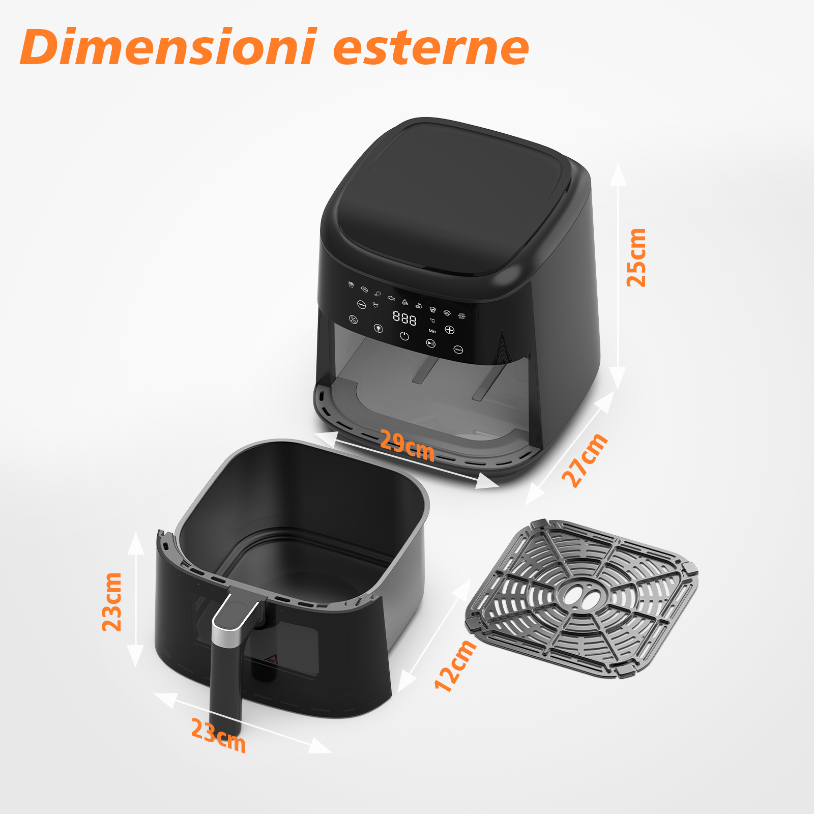 Friggitrice ad aria nera con cestello e griglia rimovibili. Dimensioni indicate.