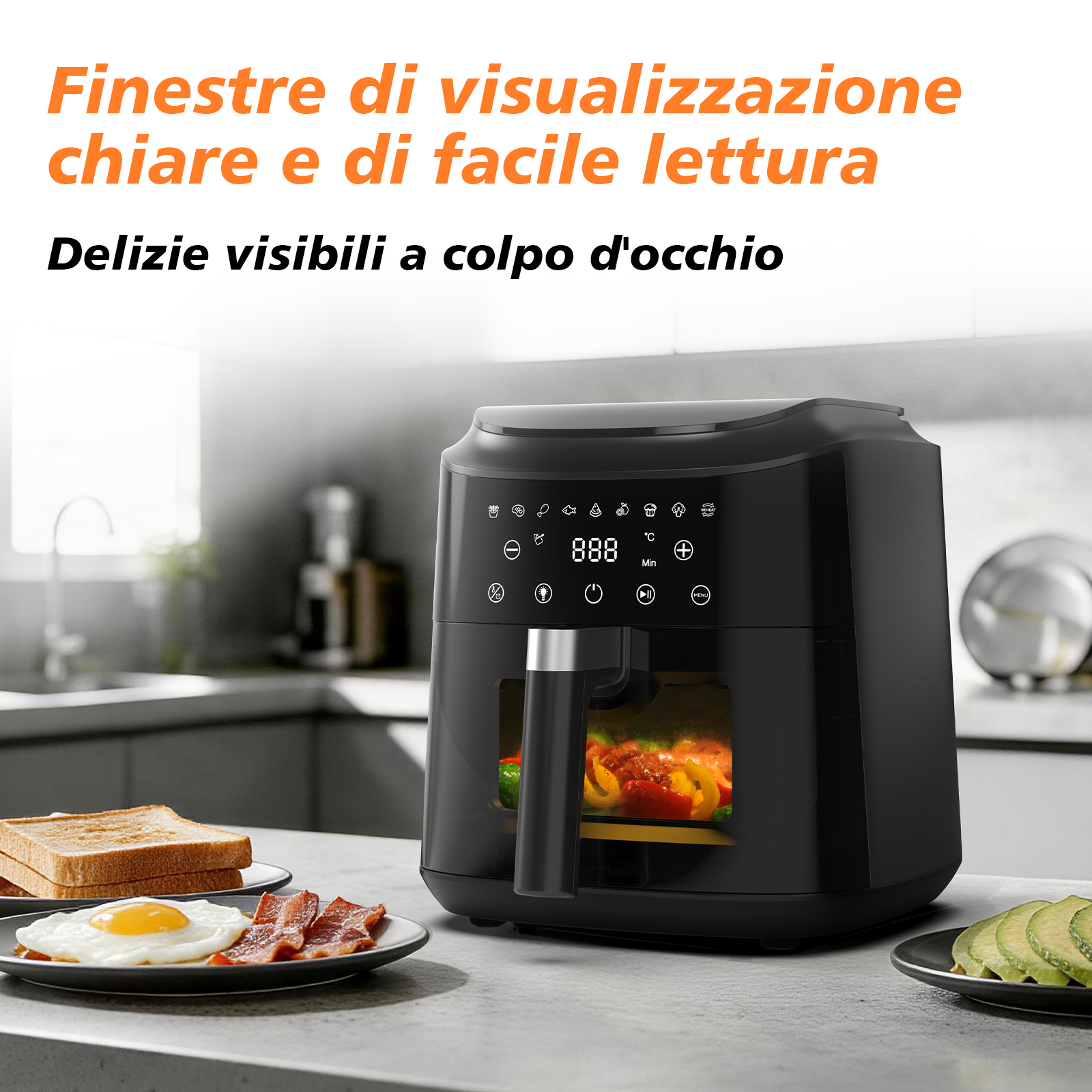 Friteuse ad aria nera con display digitale, con colazione e avocado a lato.