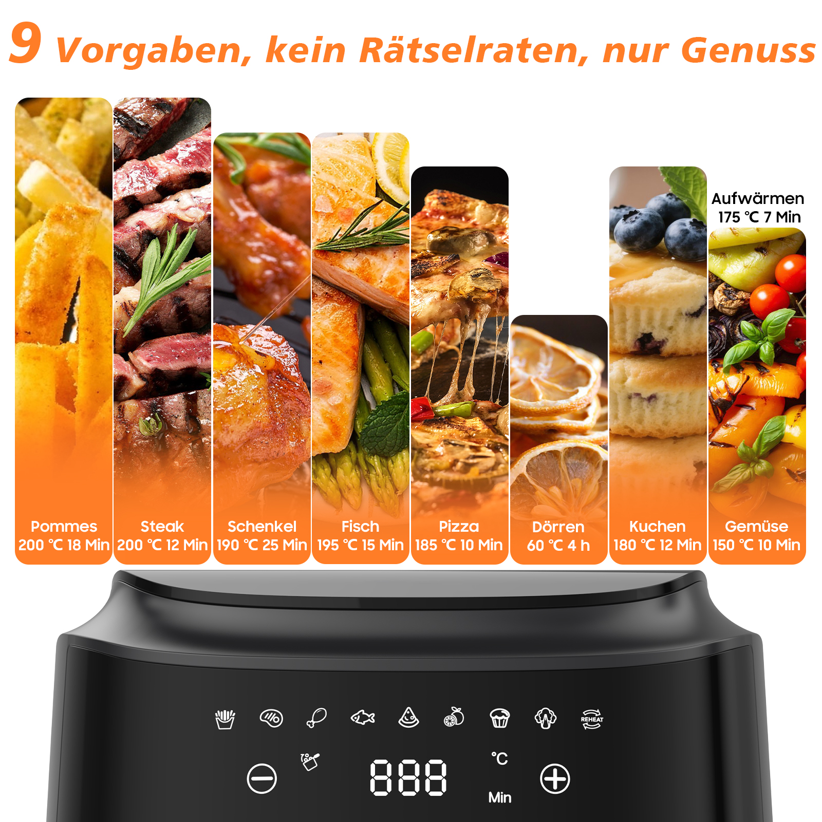 Heißluftfritteusen-Display mit Lebensmittelsymbolen. Collage von Lebensmitteln: Pommes, Steak, Hähnchen, Fisch, Pizza, Dörr.