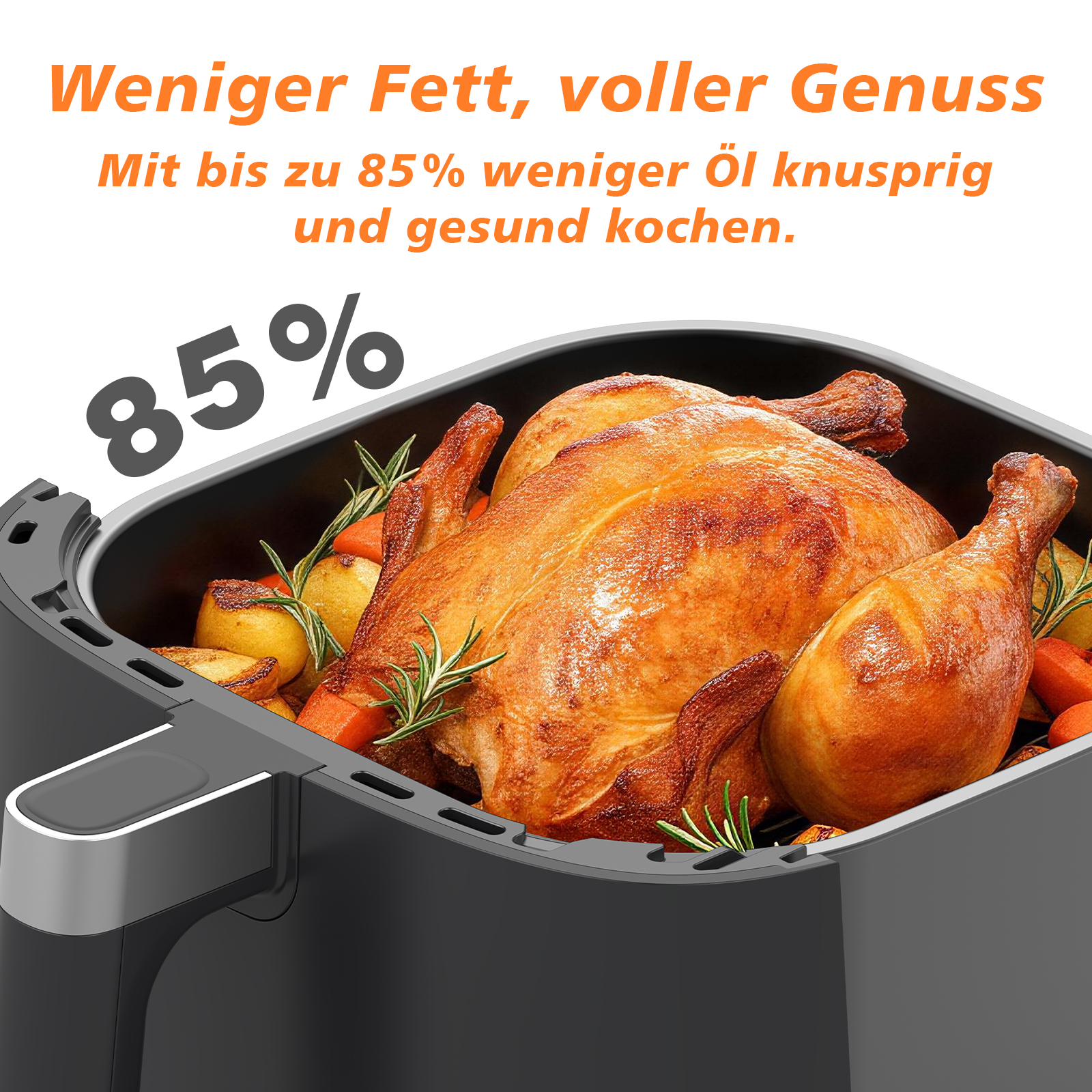 Ein Brathähnchen mit Kartoffeln und Karotten in einem schwarzen Airfryer.
