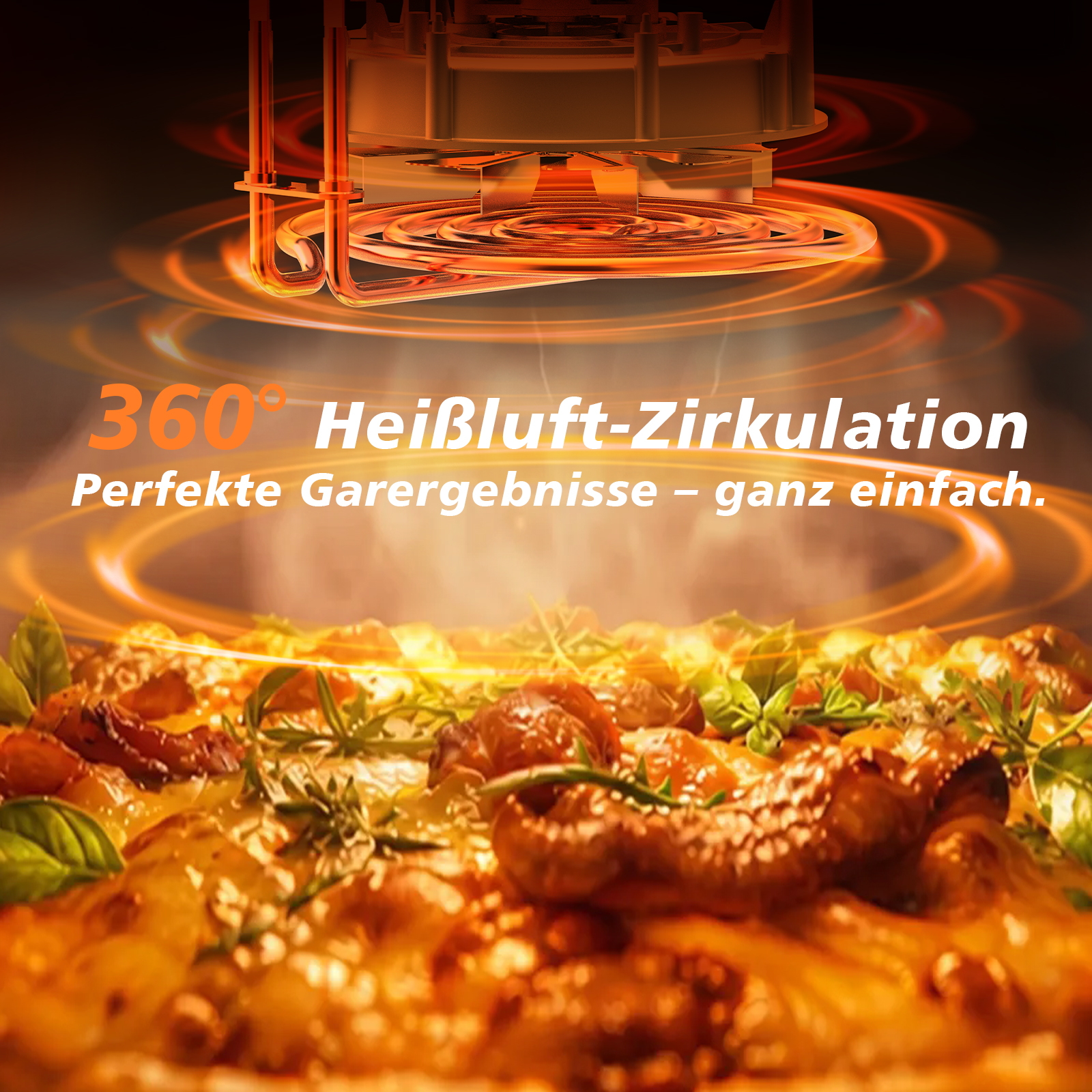 Heißluftzirkulation über einem Gericht mit Kräutern und Fleisch.