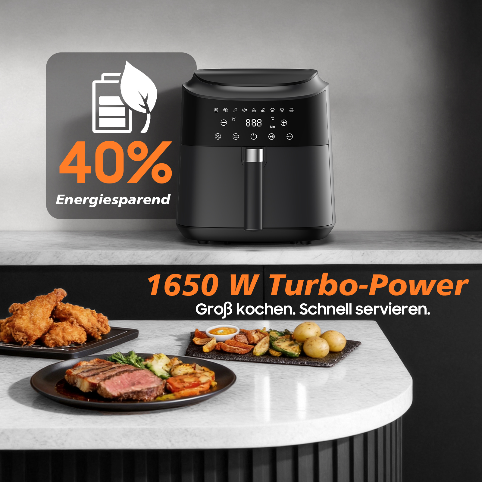 Schwarze Heißluftfritteuse mit Anzeige, daneben Speisen. 40% Energiesparend.