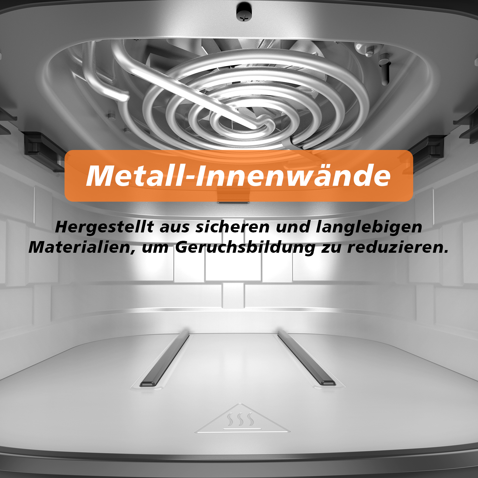 Innenansicht eines Geräts mit Heizspirale und Metallwänden.
