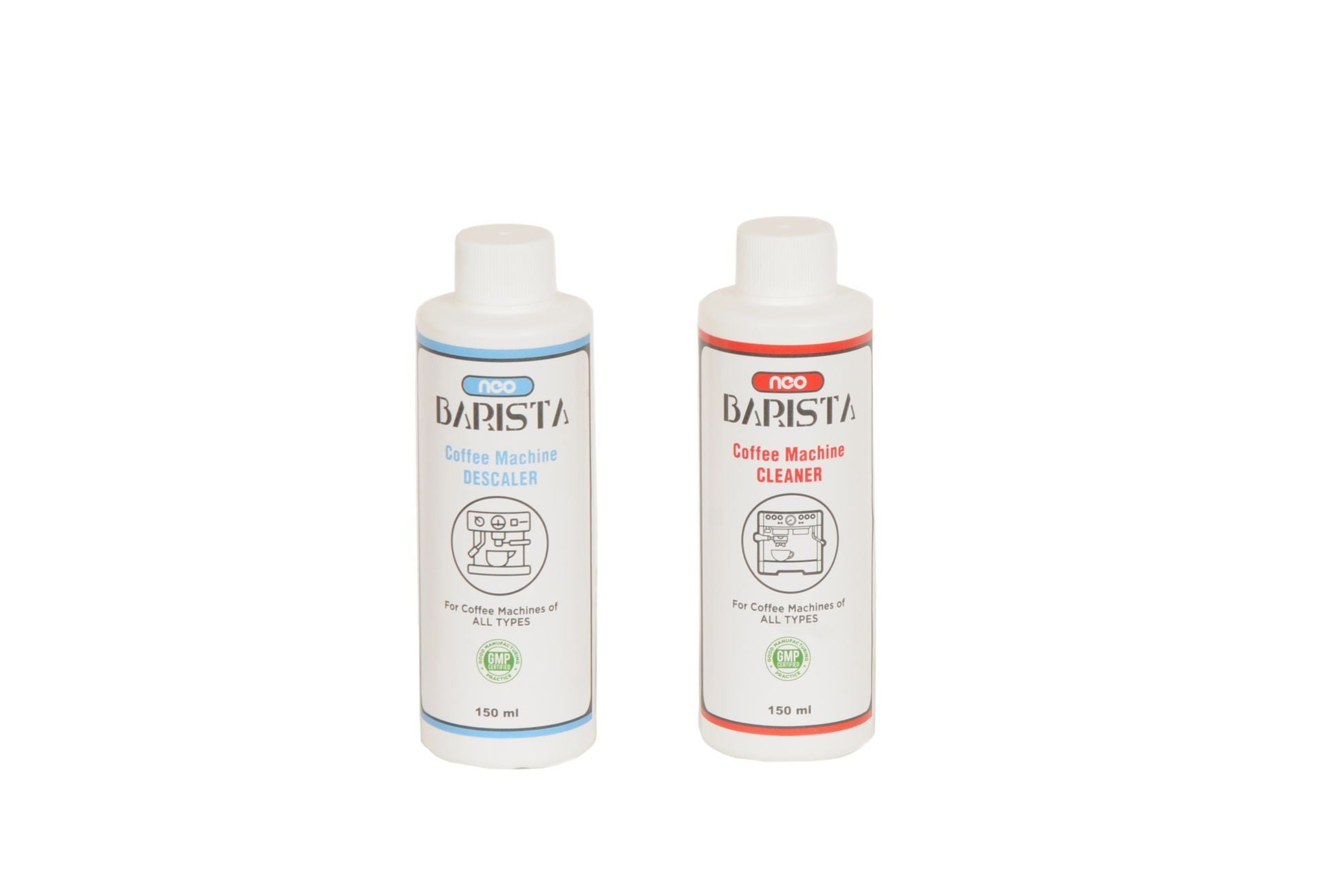 Neo Barista kahve makinesi kireç çözücü ve temizleyici iki şişe, her biri 150 ml.